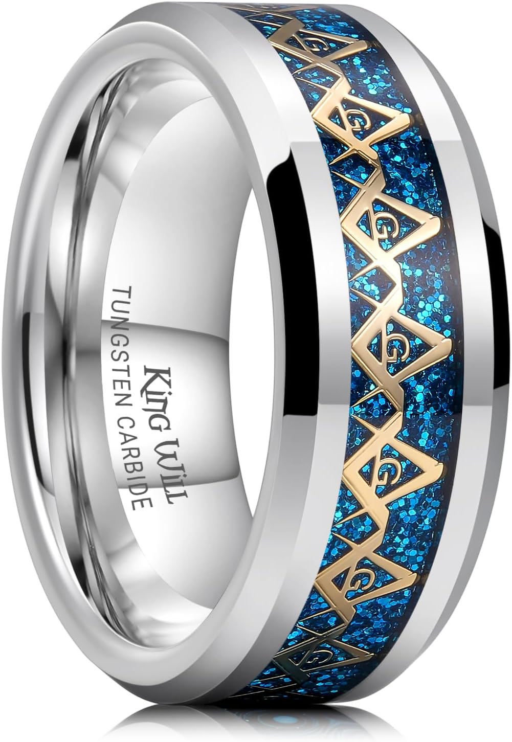 King Will Men's 8mm Tungsten Wedding Band with Love/Cross/Music Symbols, Opal/Shell Inlay, Beveled Edge Mens Ring Comfort Fit