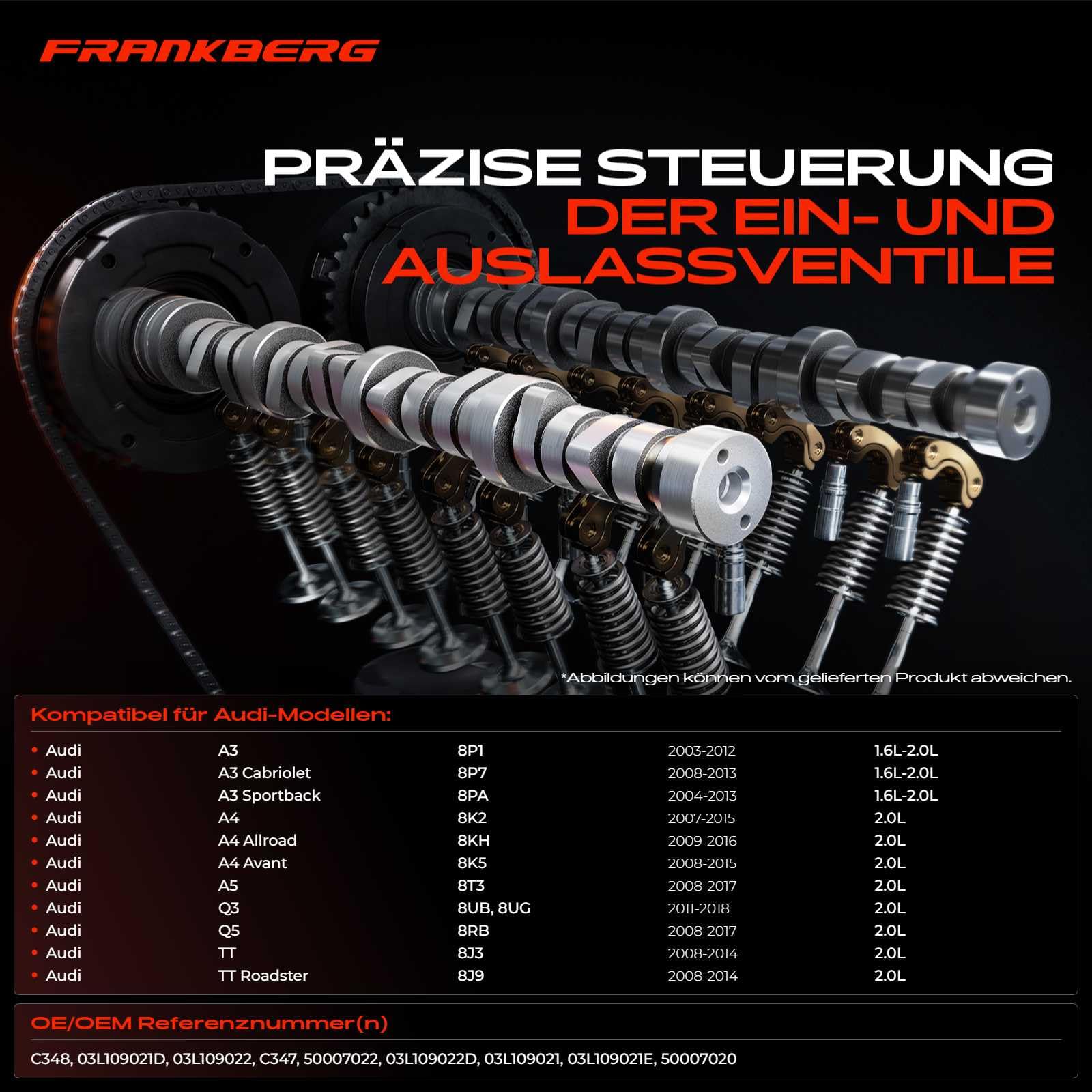 Frankberg 2x Nockenwelle Kompatibel mit A3 8P1 1.6L 2.0L 2003-2012 A4 8K2 B8 2.0L 2007-2015 TT 8J3 2.0L 2008-2014 Octa.via II 1Z3 1.6L 2.0L 2004-2013 Replace# 03L109021