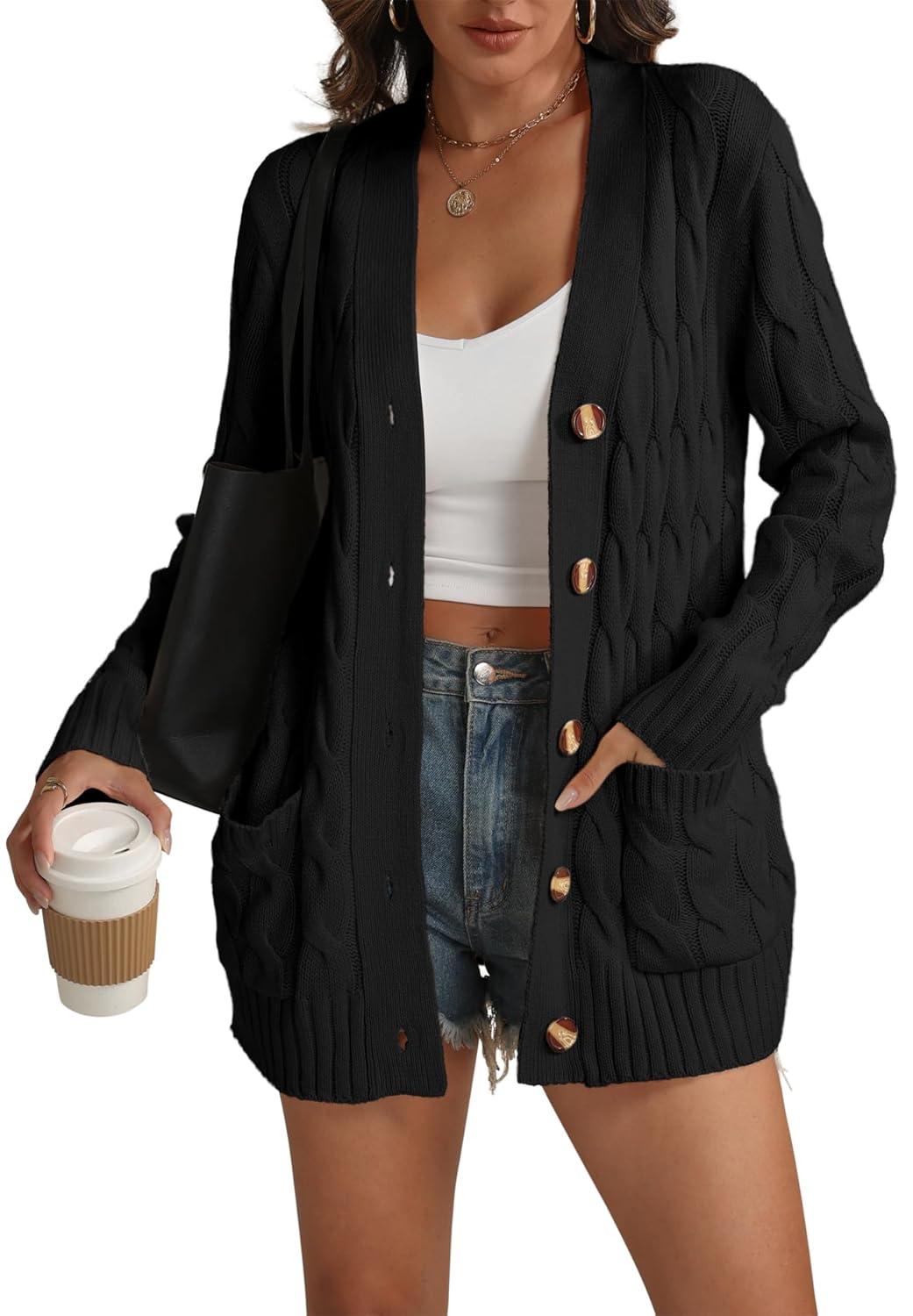 ATHMILE Cardigan Sweaters for Women Fashion Open Front Cardigans 2025 Fall Outfits Womens Long Sleeve Cable Knit Button
