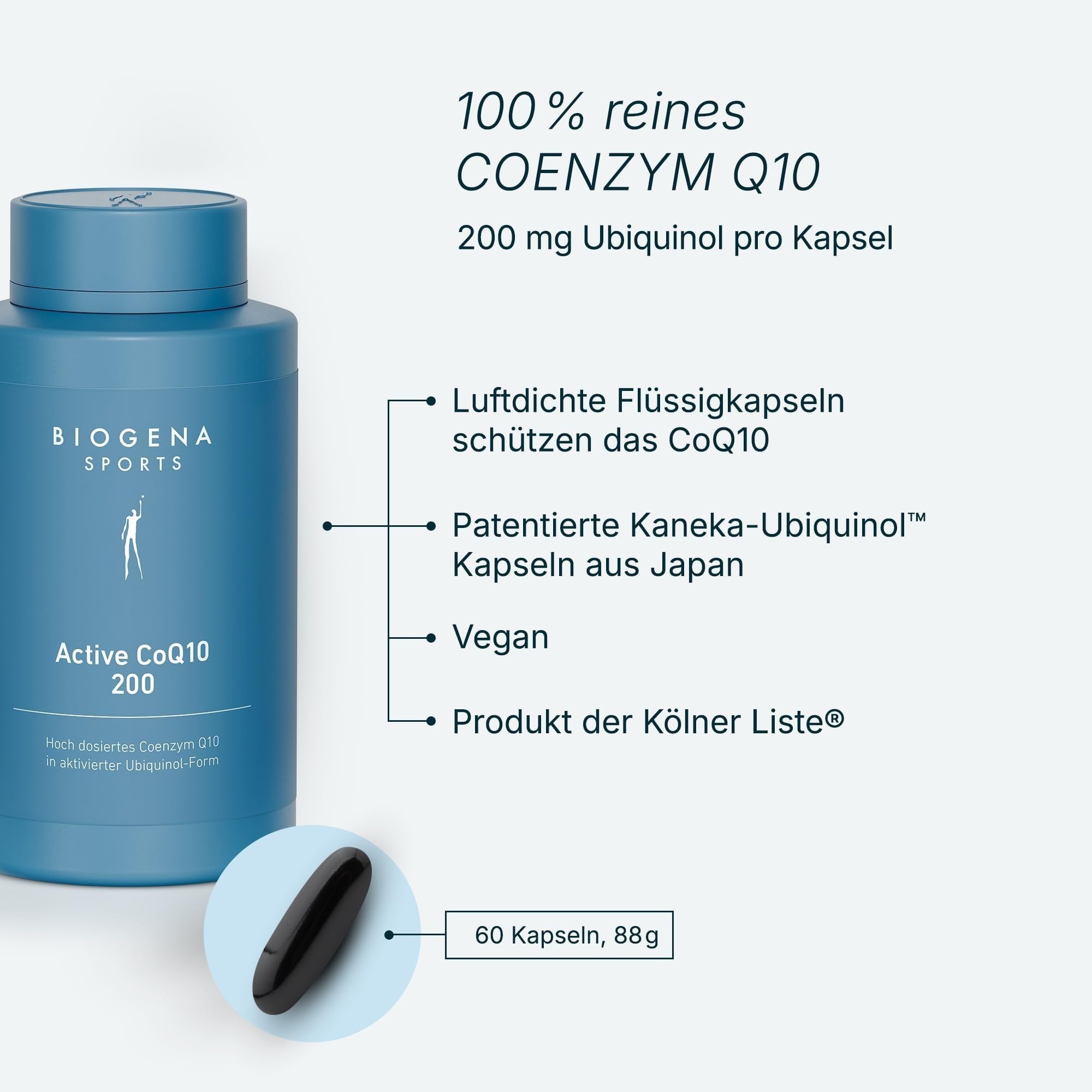 BIOGENA SPORTS Active CoQ10 200 – Coenzym Q10 - Kaneka Ubiquinol 200mg pro Kapsel - vegan - laborgeprüft - Made in Austria – 60 Kapseln