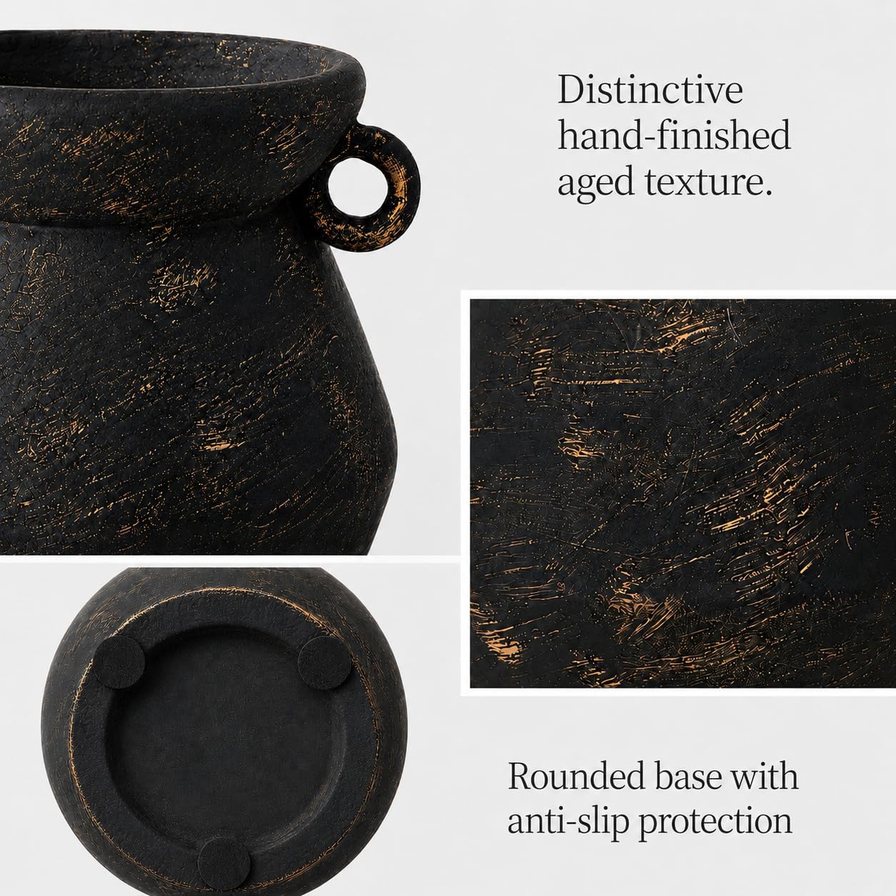 Rustic Utensil Holder for Kitchen Counter, 7.4” Tall x 6.2” Wide Farmhouse Ceramic Utensil Crock, Vintage Black Gold Stoneware Jar, Large Kitchen Utensil Holder, Housewarming Gift
