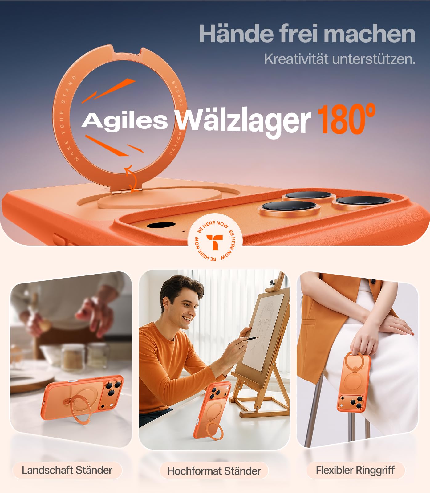 TORRAS Ostand Q1 für iPhone 17 Pro Hülle mit MagSafe und Ständer, Orange | Flache Haptik, Case & Handyhülle für iPhone 17 Pro mit 19 N Magnetkraft, drehbarem Ständer und Militärstandard-Fallschutz
