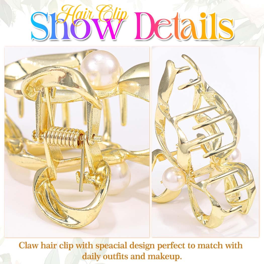 Zoestar Bow Claw Hair Clips Gold Metal Hair Claw Clip Pearl Hair Clip Claws Nonslip Stylish Hair Accessories for Women and Girls (Pack of 2) - Image 4