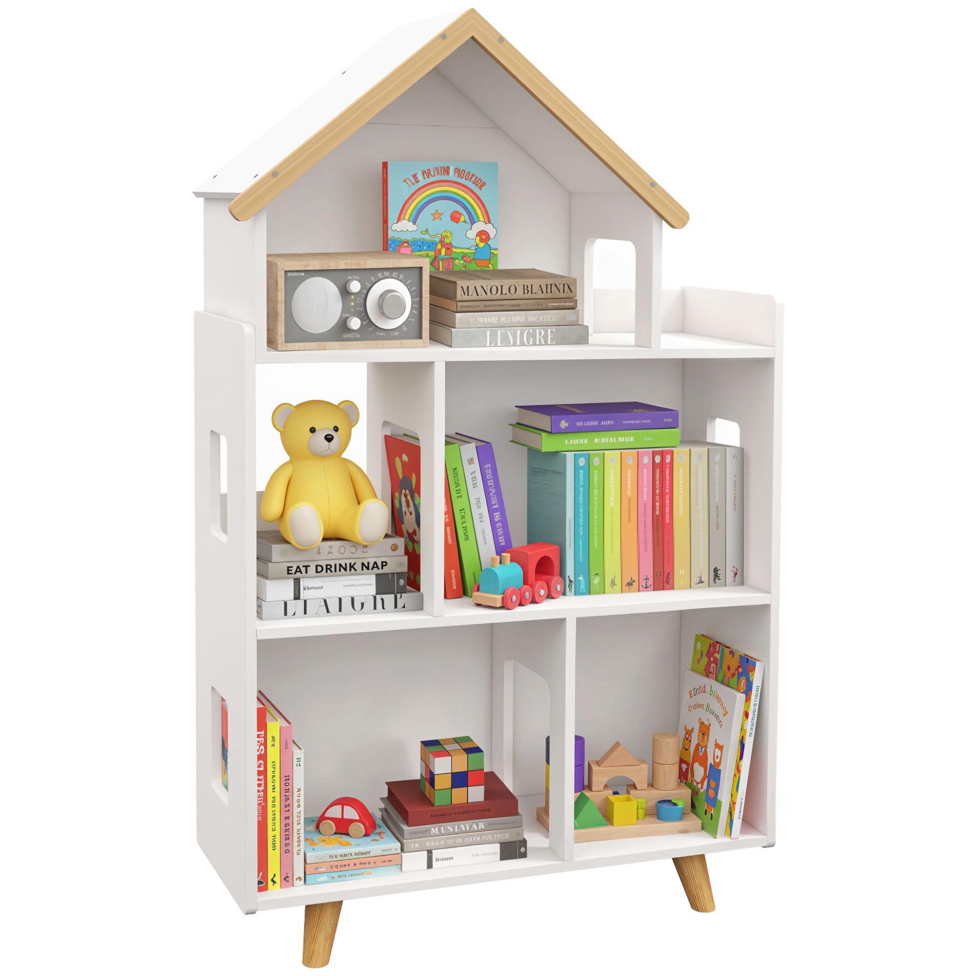 ZONEKIZ Étagère de Rangement pour Jouet Enfant et Livres Meuble de Rangement Forme de Maison - 3 Niveaux avec étagères - Bois Massif - 65 x 25 x 108,5 cm - Blanc et Naturel