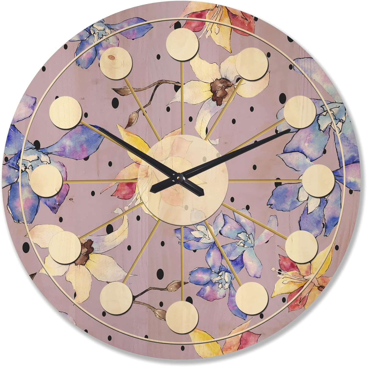 'botanical floral retro v' mid-century modern wood wall clock large decorative mid-century modern wall clock oversized wood clocks for living room décor 29x29 purple