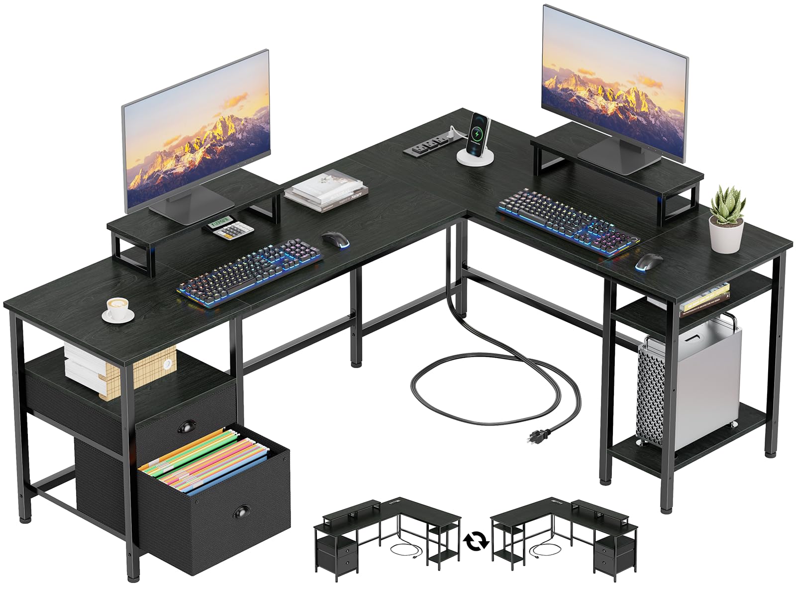 Furologee 66” L Shaped Desk with Power Outlet, Reversible Computer Gaming Desk with File Drawer & 2 Monitor Stands for Home Office with Storage Shelves,Black Oak