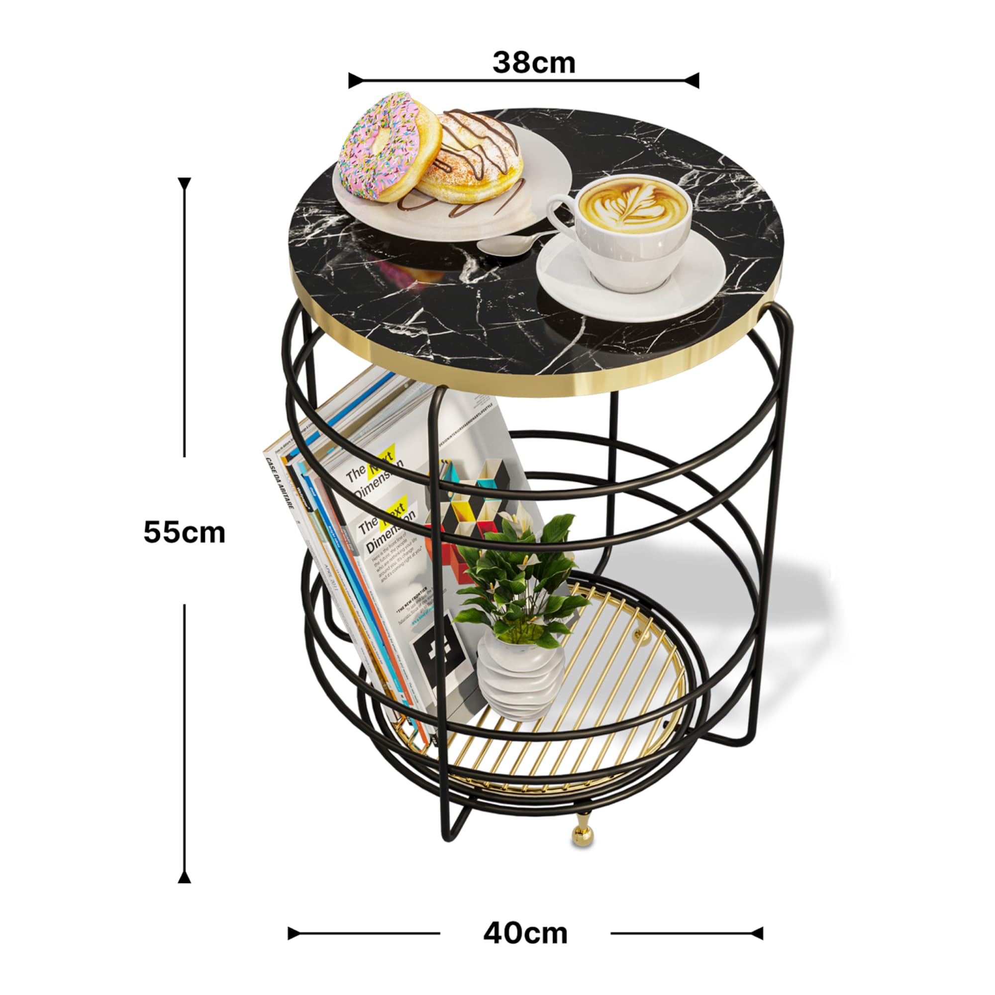 [en.casa] Table d'Appoint avec Panier de Rangement et Plateau Rond Bout de Canapé Table Basse Table de Chevet Métal Panneau de Particules 55 x 40 cm Effet Marbre Noir Or