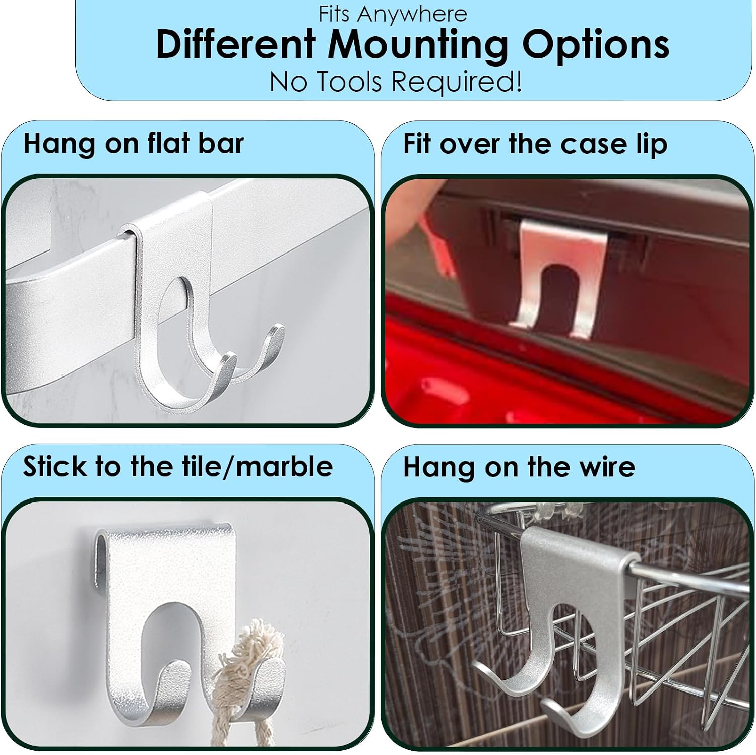 Shower Razor Hook, Grill Hooks & Truck Storage Hooks, Aluminum Hangers for Shower Caddy, Loofah, Bathroom & Vehicle Organizer (Black - 2 Packs)