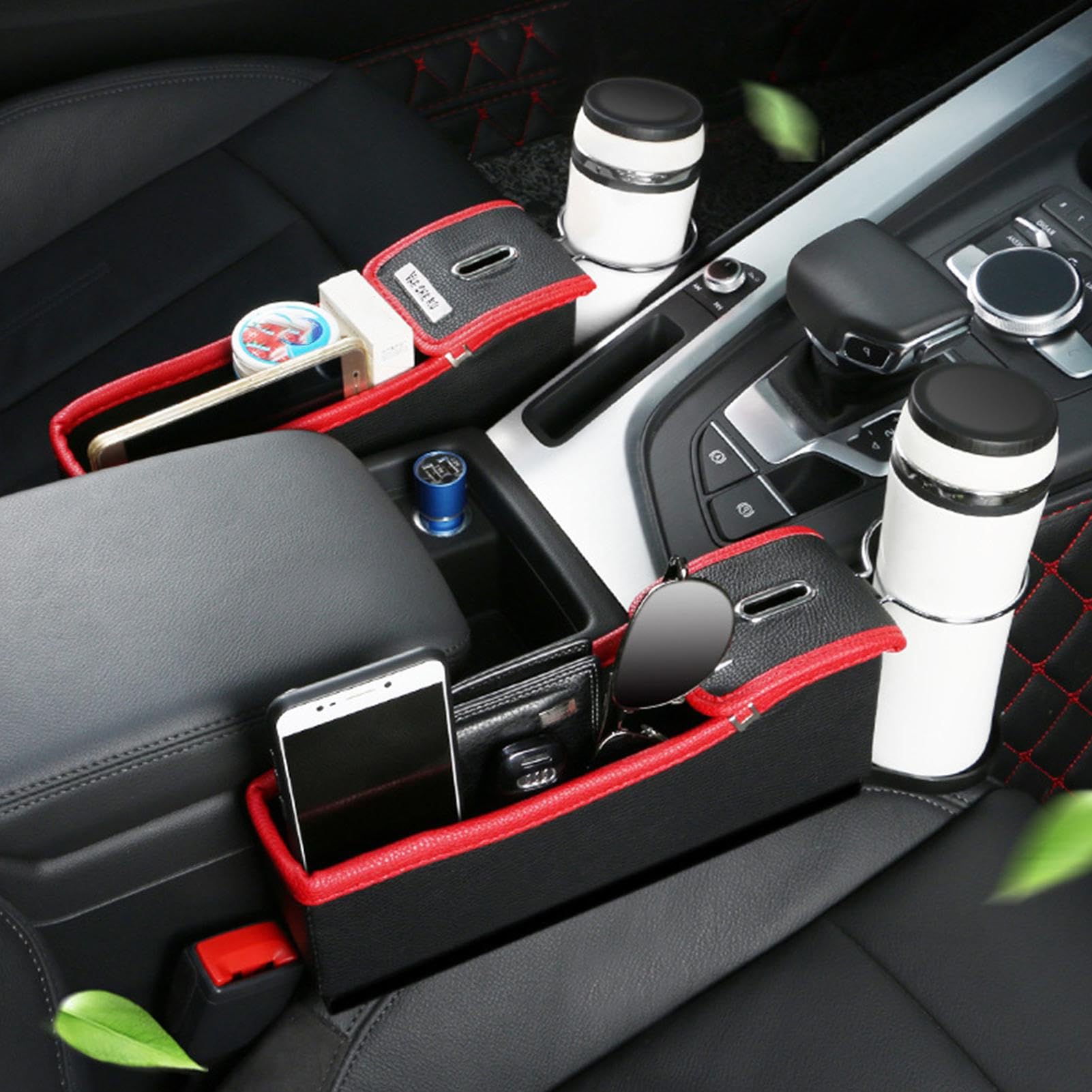 Autositz-Fugendüse – Premium-Leder-Konsolen-Seiten-Aufbewahrungsbox, integriertes Getränkehalter-Design, Fahrzeugspaltplatz-Anordnungszubehör, sichere Platzierungslösung für persönliche Gegenstände |
