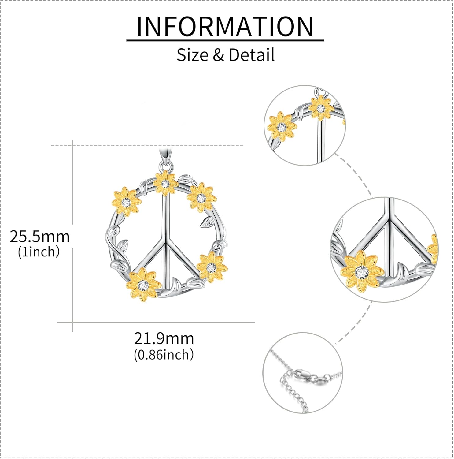 Peace Necklace Sterling Silver Sunflower Peace Sign Pendant Necklace Hippie Jewelry for Women - Image 4