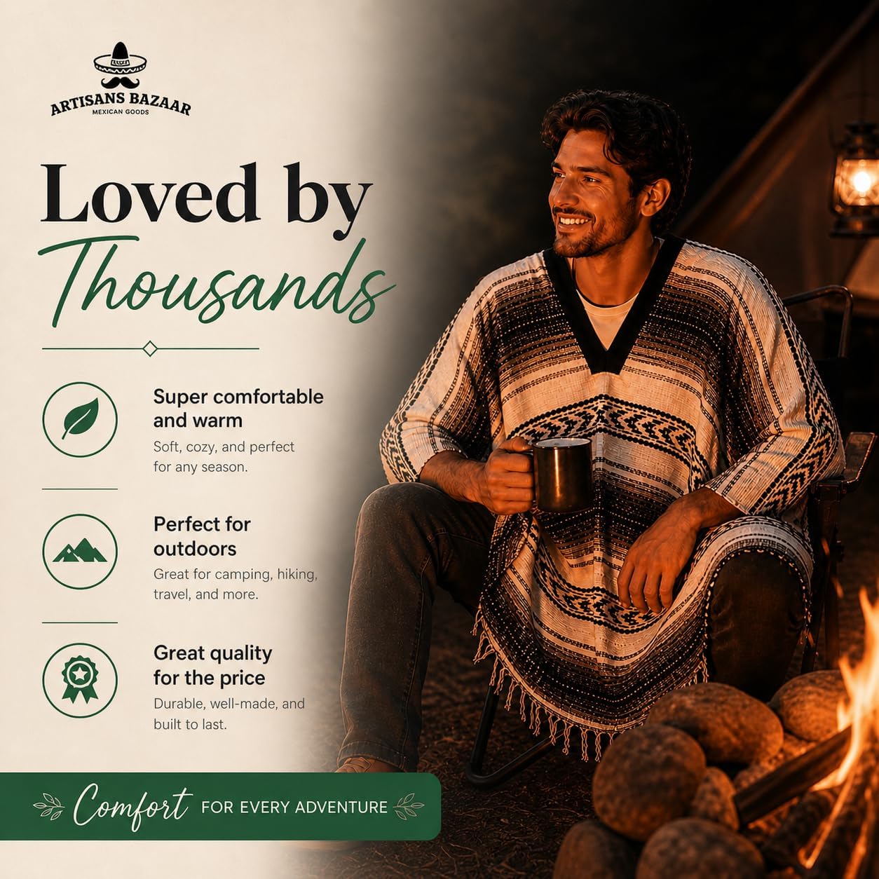 Artisans Bazaar Traditional Mexican Baja Poncho Men and Women Authentic Gaban Serape Sarape Blanket Pancho Jorongo Cowboy
