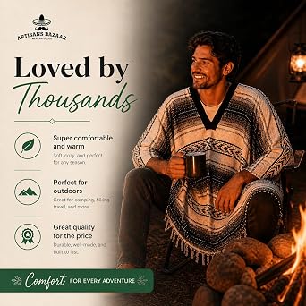 Artisans Bazaar Traditional Mexican Baja Poncho Men and Women Authentic Gaban Serape Sarape Blanket Pancho Jorongo Cowboy