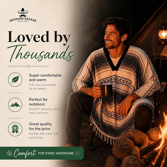 Artisans Bazaar Traditional Mexican Baja Poncho Men and Women Authentic Gaban Serape Sarape Blanket Pancho Jorongo Cowboy