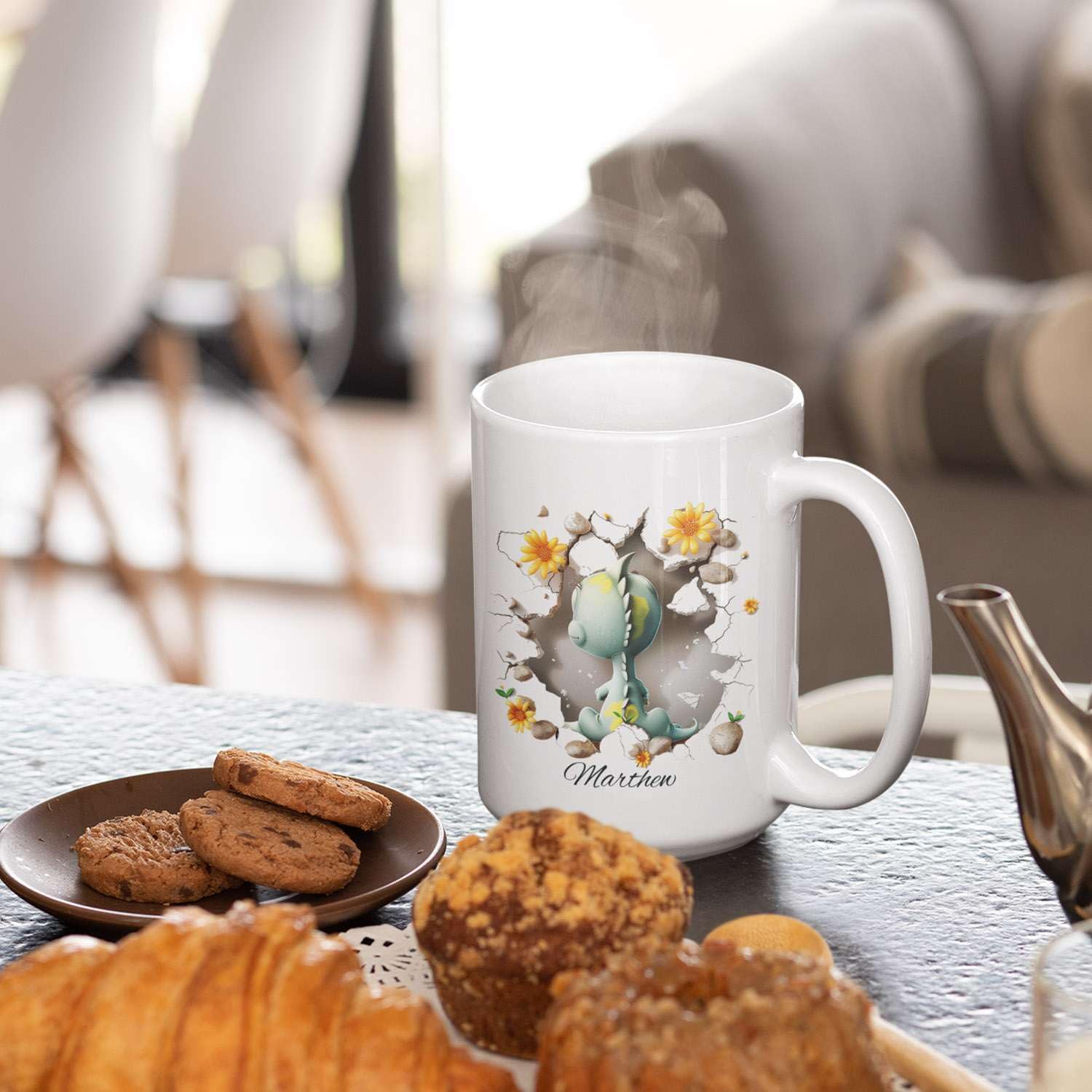 Custom Name Dinosaur Coffee Mug - Personalized Ceramic Mug With Watercolor Art, 11oz Or 15oz - View #8