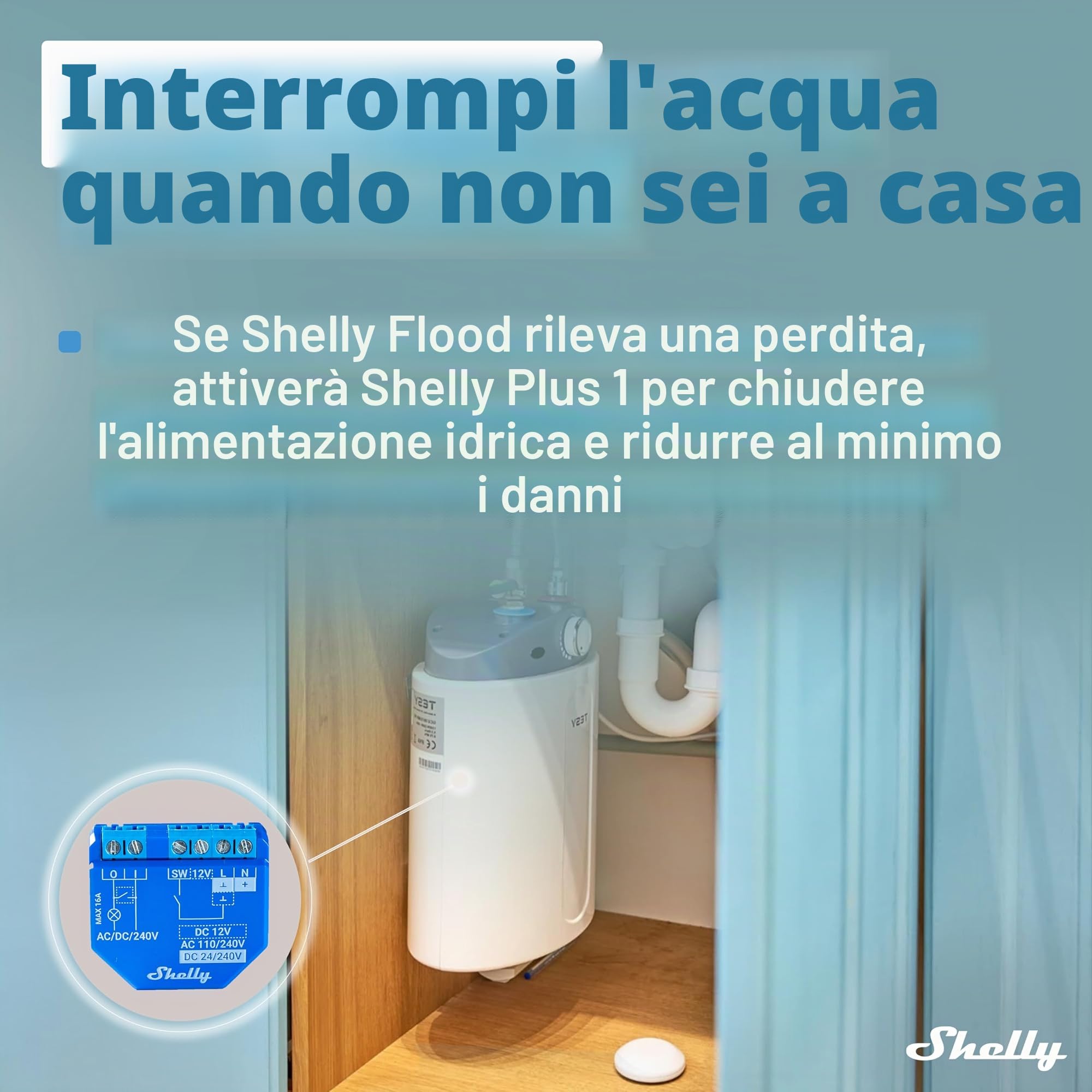 Shelly Flood, Sensore Perdita Liquidi e Sensore di Temperatura,WiFi, Smart, Compatibile con App, Notifiche immediate, Sicurezza Domestica, Durata Batteria 18 mesi, Bianco