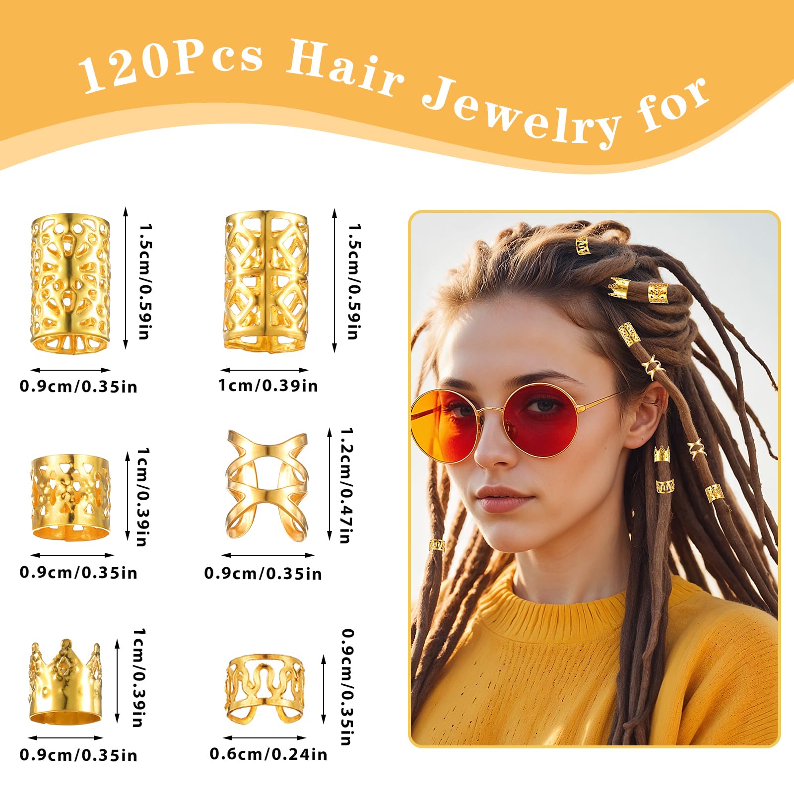 Tyqour 120Pcs Gold Cuffs Adjustable Charms Metal Jewelry Rings Dreadlock Braid Accessories for Women Men Hair Braids Decoration Party Music Festival - Image 4