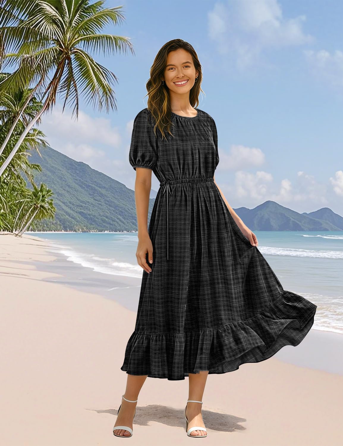 YESNO Women's Summer Floral Maxi Dresses Boho Puff Sleeve Casual Drawstring Ruffle Tiered Hem Beach Dress with Pockets ECS - Image 3