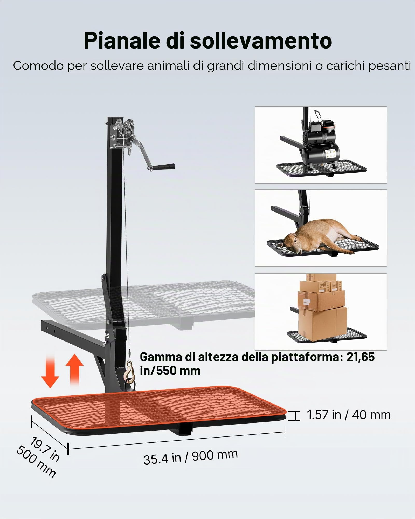 VEVOR Argano per Cervi con Piattaforma di Sollevamento, Carico di 136 kg, Verricello per Selvaggina con Ricevitore da 50,8 mm, Girevole a 360 Gradi e Gancio Pieghevole per Spostare la Selvaggina