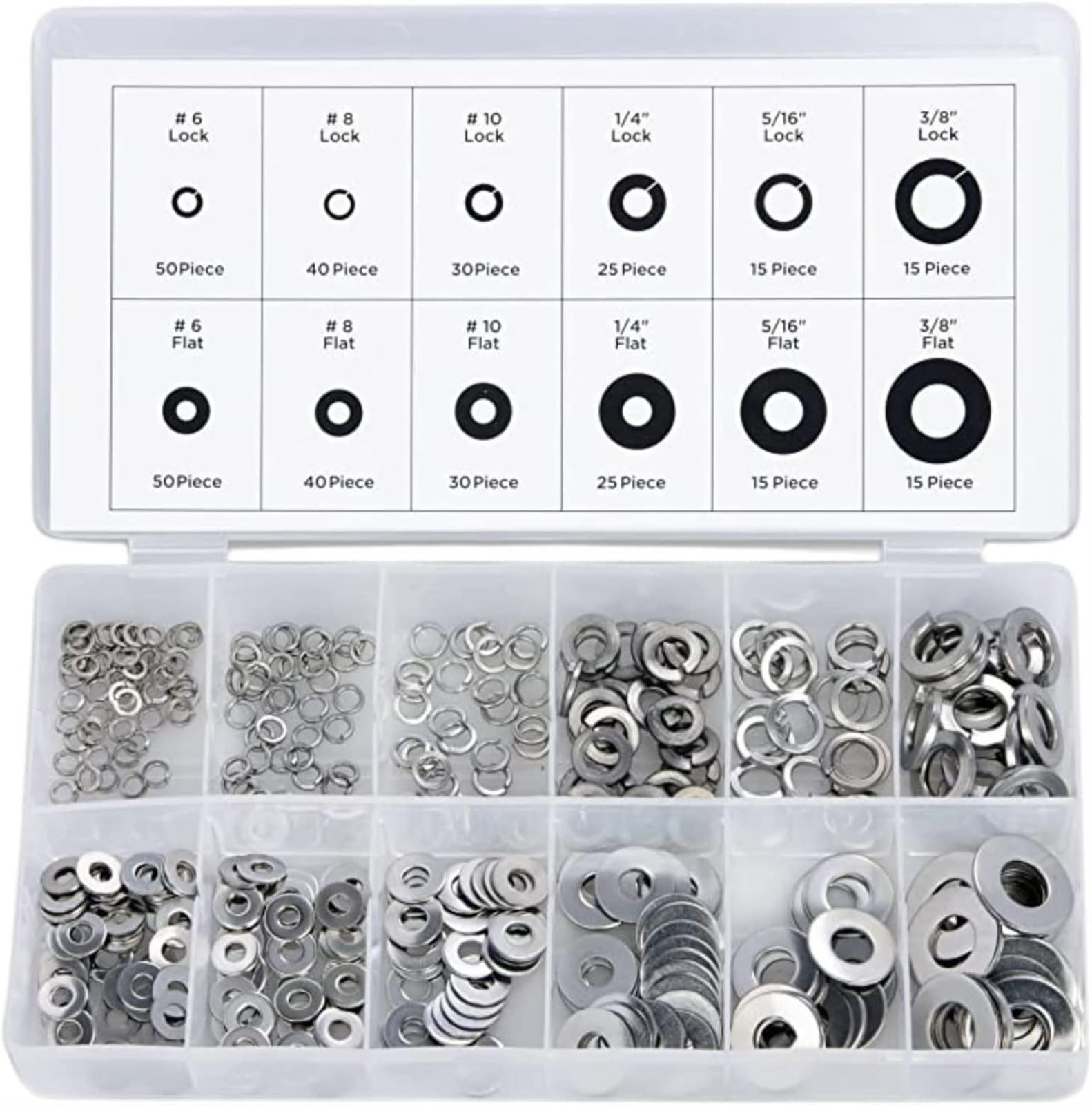 THE WHITE SHOP 50400A Stainless Steel Lock and Flat Washer Assortment | 350 Piece Set | 12 Different Sizes in Spring Lock and Flat Design | Prevent Loose Fasteners