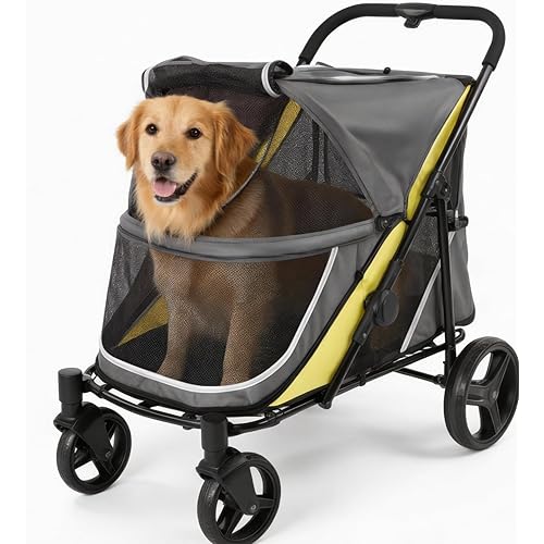 Large Dog Stroller for Medium and Big Pets, Folding Dual Entry Pet Wagon with Foot Brake, All-Terrain Wheels and Air Mesh, Capacity Up to 130 Lbs