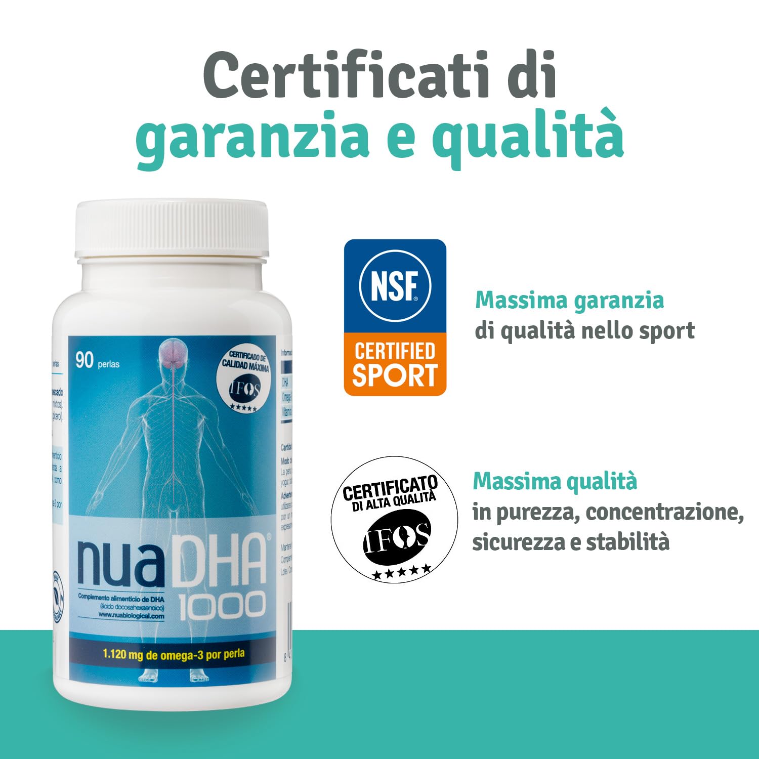 Nua Biological - NuaDHA 1000, Integratore Alimentare Omega-3 con DHA (da Olio di Pesce) - 90 Capsule in Forma di Trigliceridi (1000 mg di DHA per Capsula)