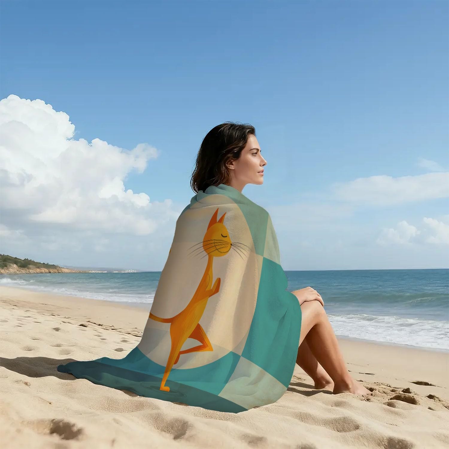 Générique Grande Serviette de Plage 200 x 100 CM,Drap de Plage Microfibre,Couverture de Plage Absorbante Rapide pour Rétro, Cosy, Réconfortant, Cercles Chats Roux Mignons, Oreilles, Carrés, Géométrie