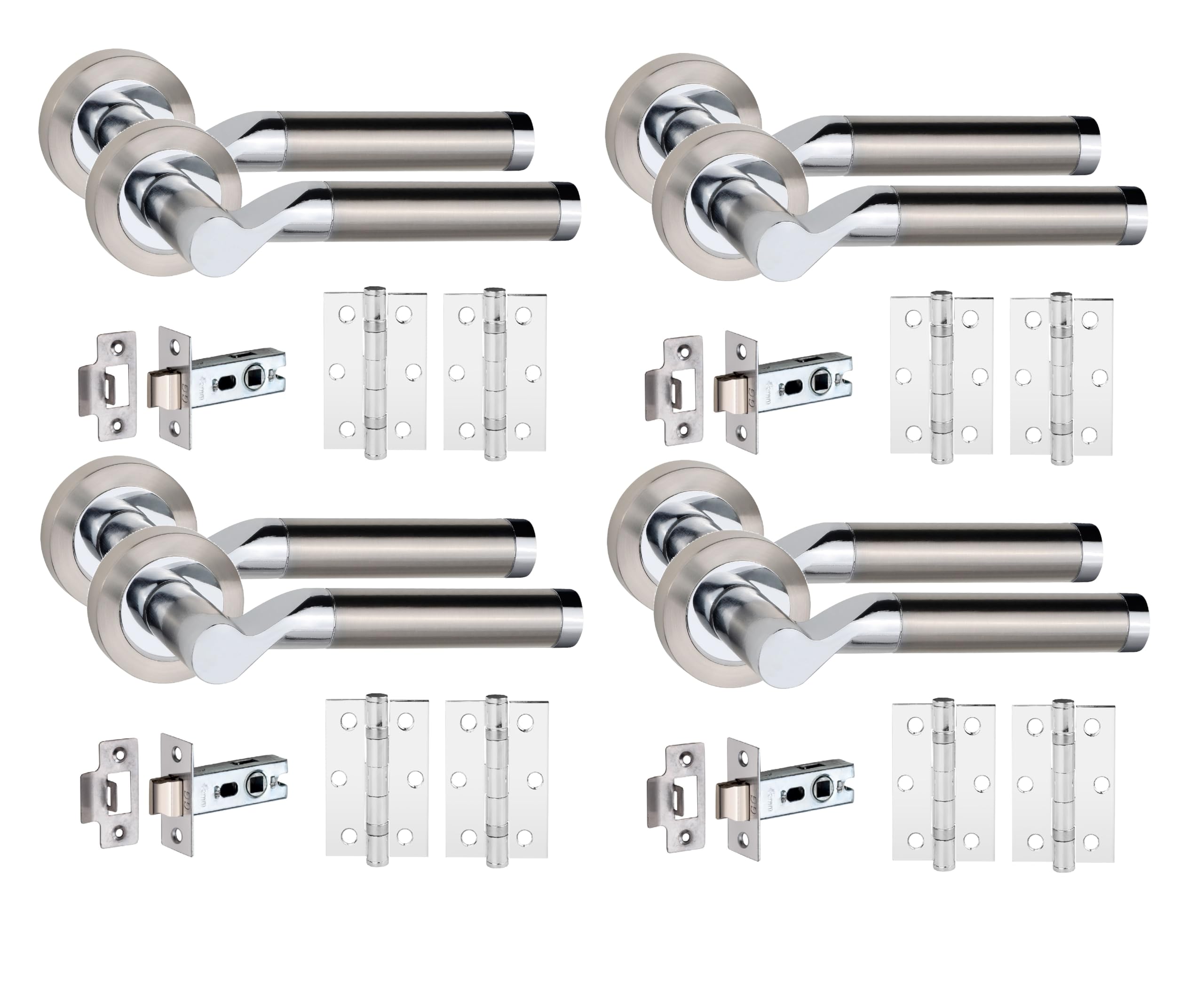 Golden Grace 4 Sets of Titan Style Modern Chrome Door Handles on Rose with Duo Finish Door Lever Latch Pack with Ball Bearing Hinges Hinges and Latches
