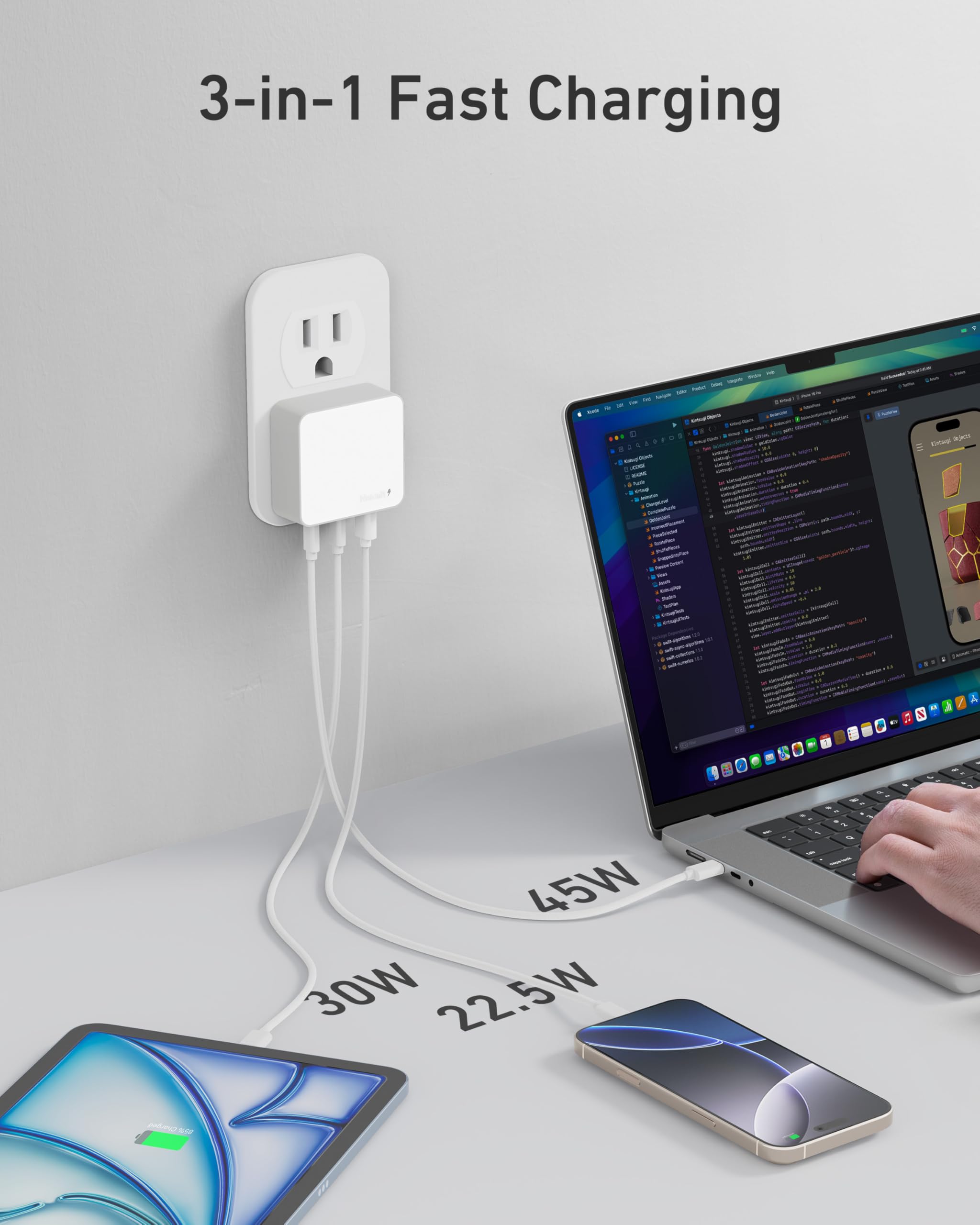Nekmit Bloque de cargador USB C plano de 100 W, cargador de pared rápido GaN de 3 puertos (2 USB-C y 1 USB-A), enchufe de pared USB C con puntas fijas para iPhone 17/16, MacBook Pro/Air, iPad, Galaxy