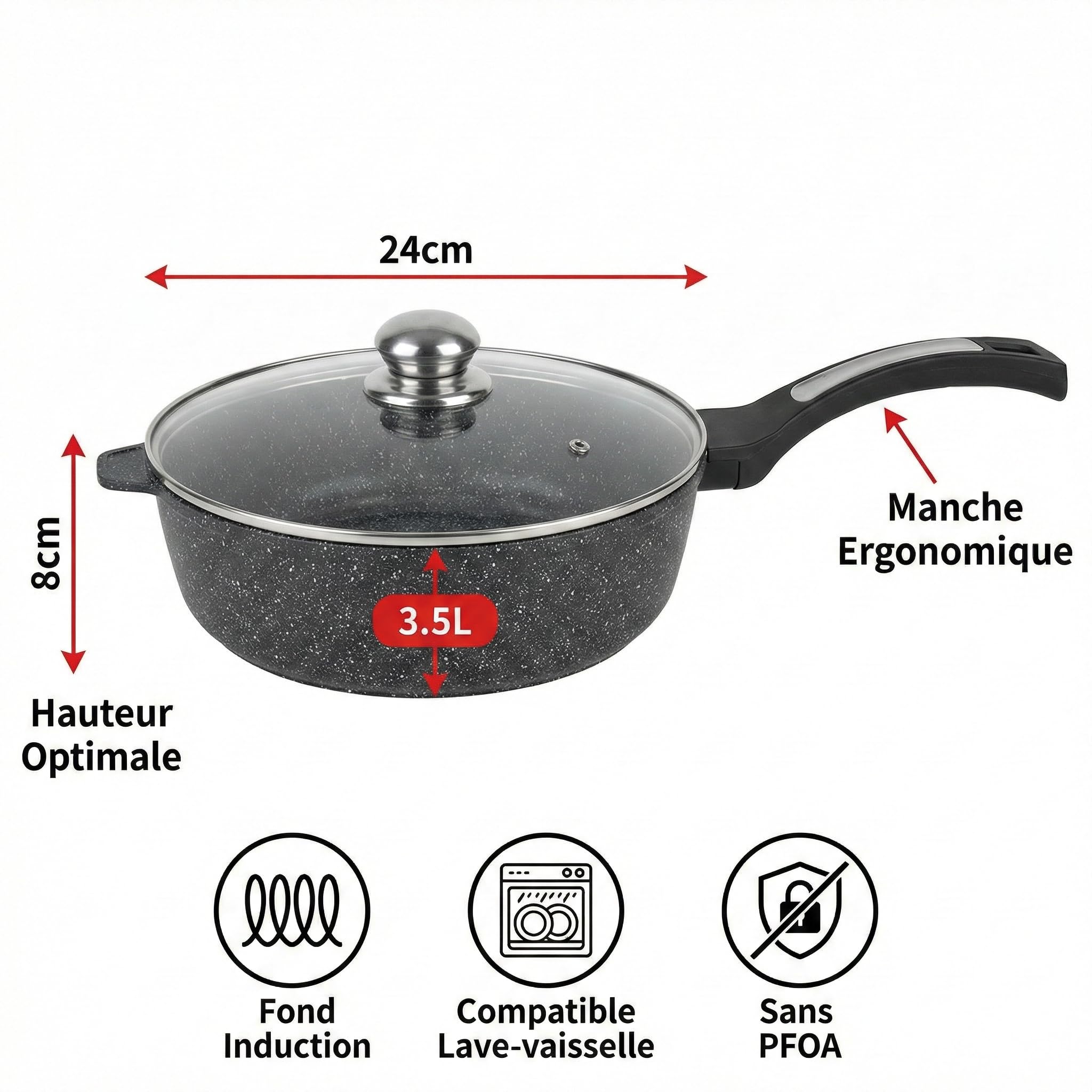 Haussmann Héritage Sauteuse 24cm Fonte d'Aluminium Revêtement Façon Pierre – 3.5L Wok Profond avec Couvercle Verre – Compatible Tous Feux dont Induction – Anti-adhésif & Robuste – HM-2424