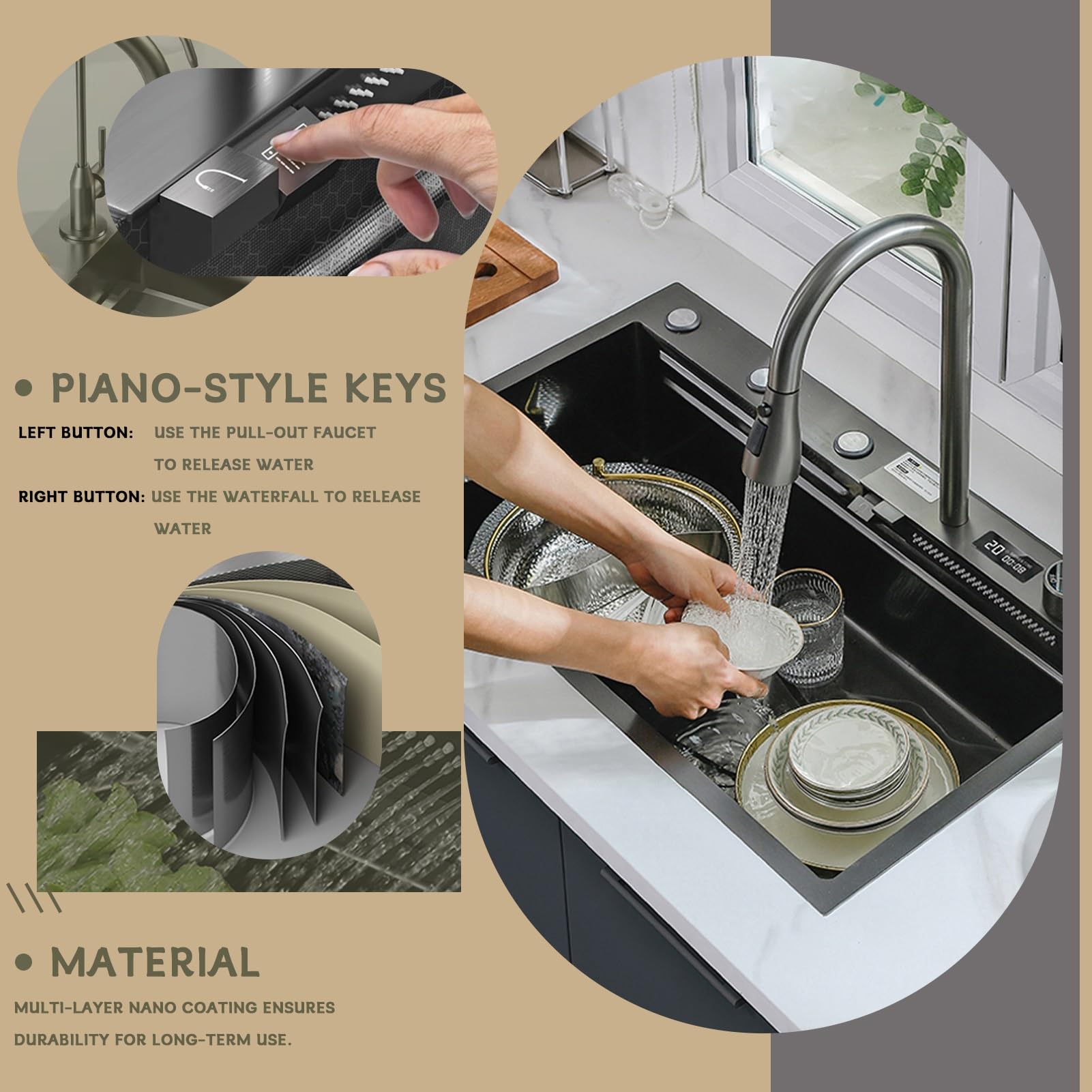 Fregadero de Cocina de 1 Cubeta 68x45 cm, Negro cascada Fregadero de Acero Inoxidable, con Grifo Cocina Extraible, cesta de drenaje, sifón, rebosadero y desagüe así como otros accesorios
