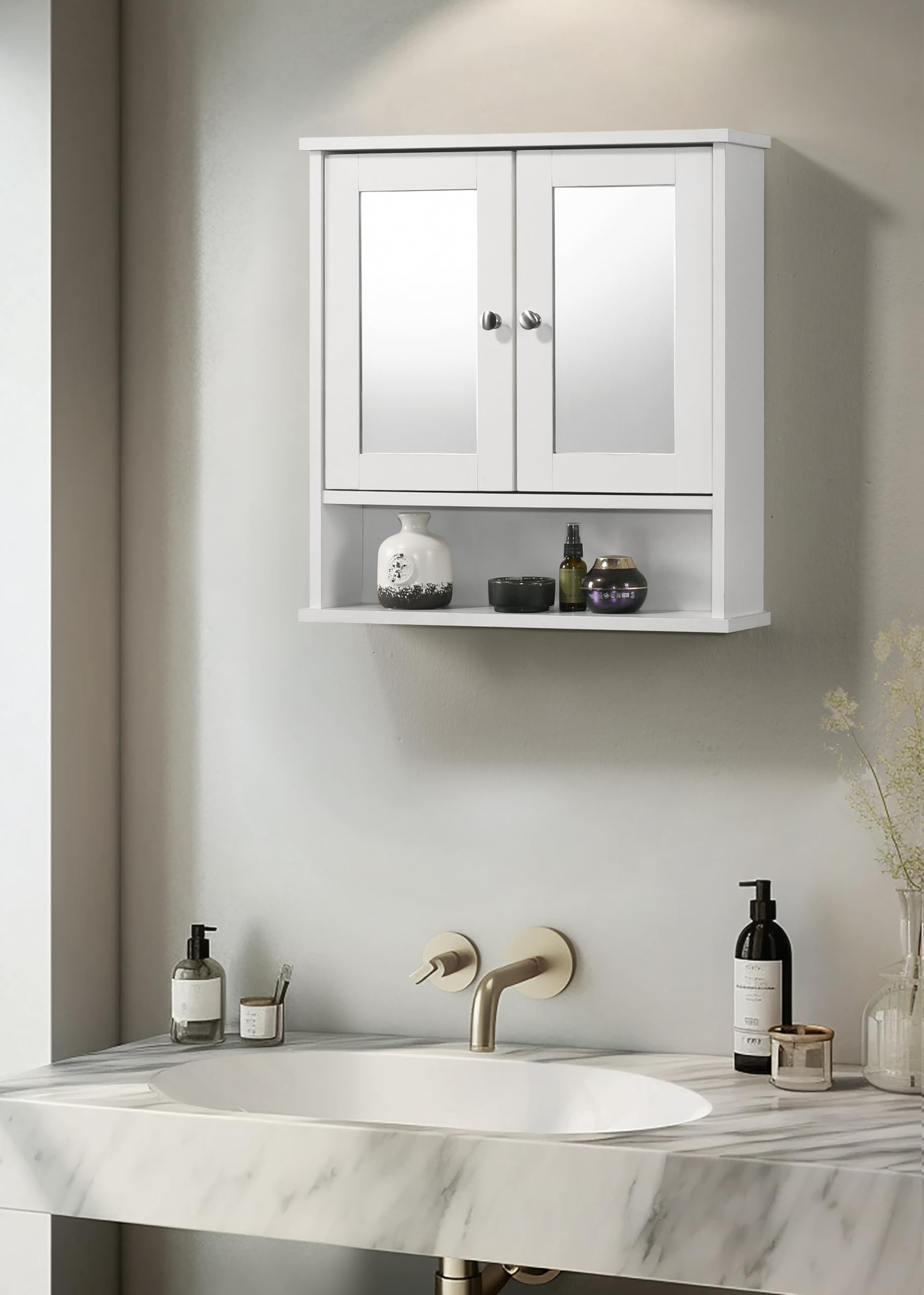 Timber Art Design UK Bathroom Mirror Cabinet with 2 Shelves Wall-Mounted White – Modern Storage for Bathroom Compact & Stylish Mirror Cabinet Space-Saving Organizer