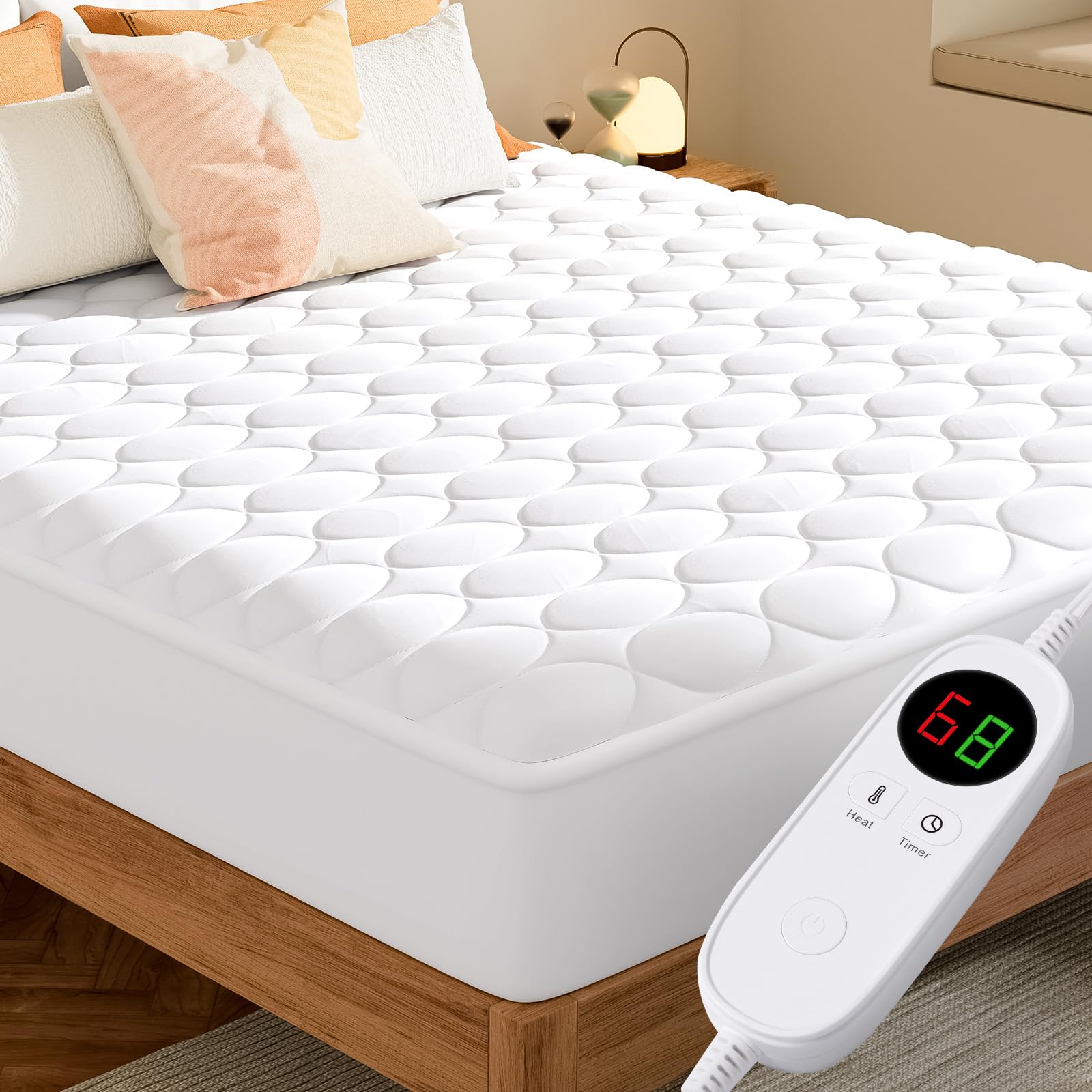 MASVIS Heated Mattress Pad Full Size - Quilted Electric Mattress Pad Cover - Auto Shut Off Electric Bed Warmer with Deep Pocket, Machine Washable, White