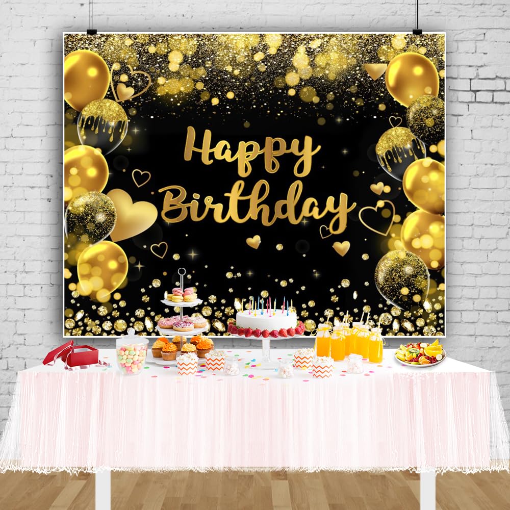 Telón de fondo negro y dorado para fotografía de fiesta, fondo de fotos de cumpleaños con purpurina dorada, telón de fondo bokeh de globo dorado de 10 x 8 pies, para niños, hombres, mujeres