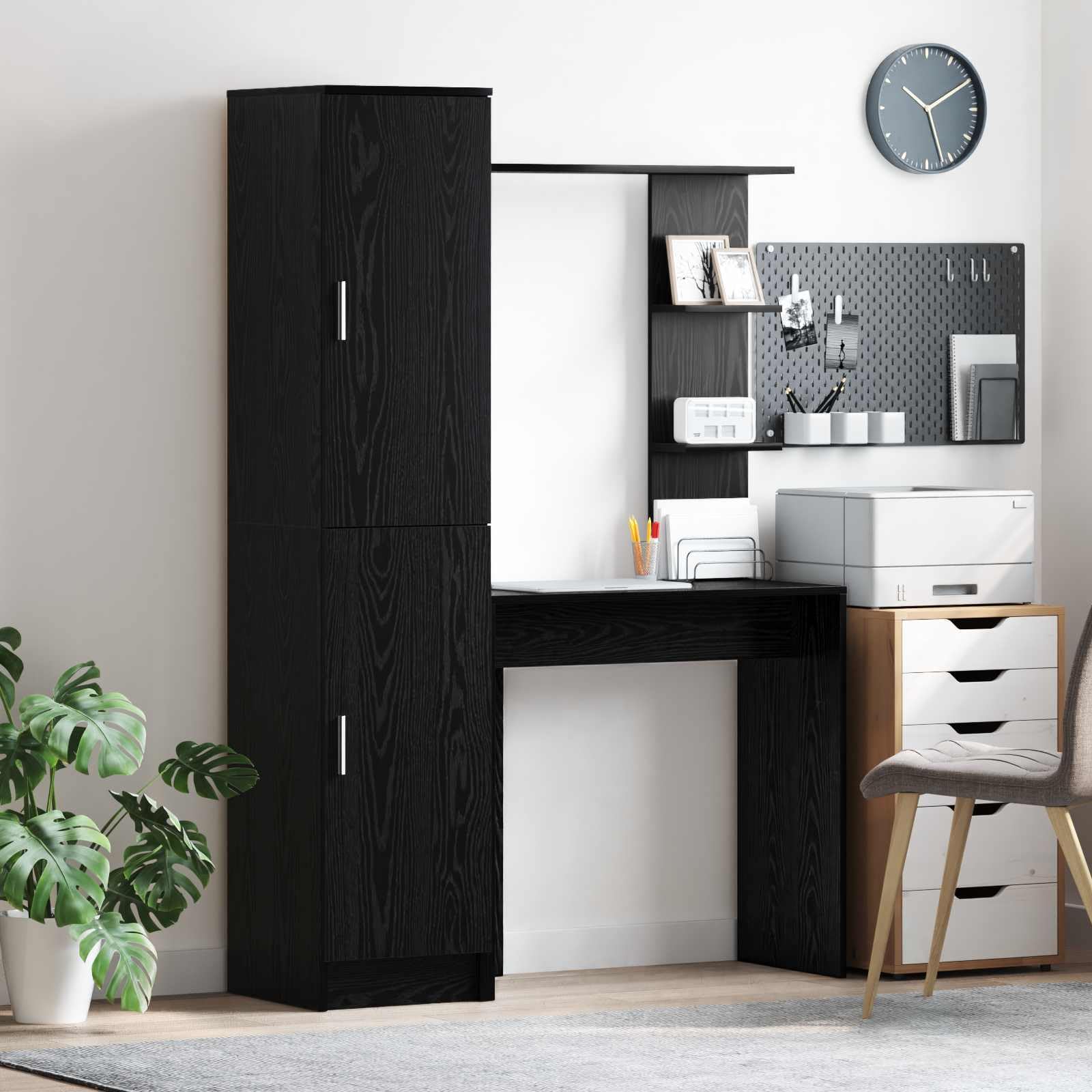 Scrivania in legno nero, effetto rovere, 113,5 x 39 x 168 cm, set da 2 pezzi, per ufficio, casa, studio, con spazio e scaffale, per postazione di lavoro organizzata