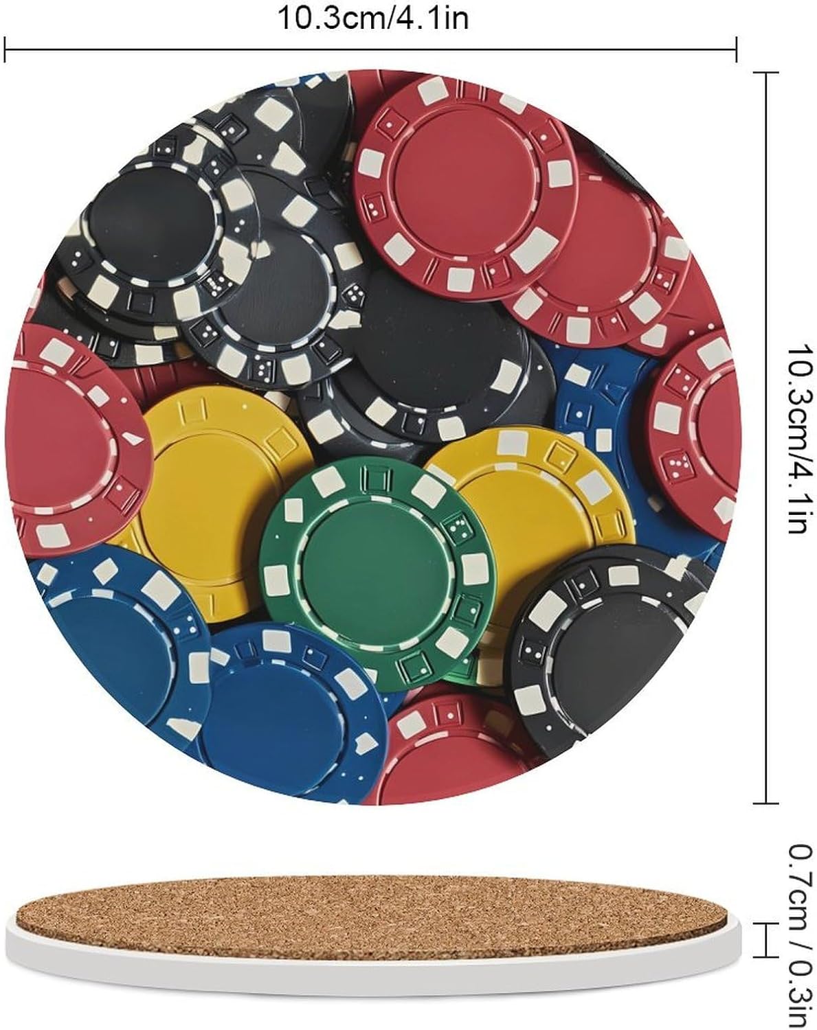 Colorful Poker Chip Round Ceramic Coasters for Drinks Absorbent Cup Holder Tabletop Protector with Cork Base