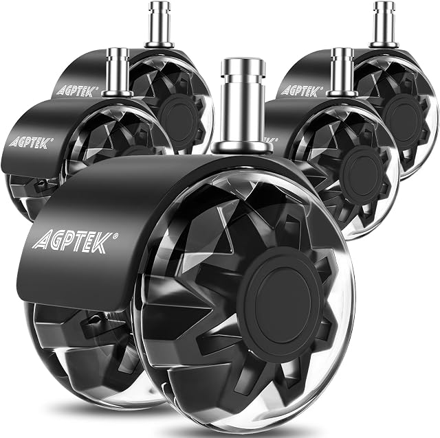 AGPTEK Set of 5 Office Chair Caster Wheels, Smooth Office Chair Wheels Replacement (11x22mm) for Hardwood Floors, Carpet, Heavy Duty Quiet Office Chair casters, No Noise, Quiet Game Chair Wheels