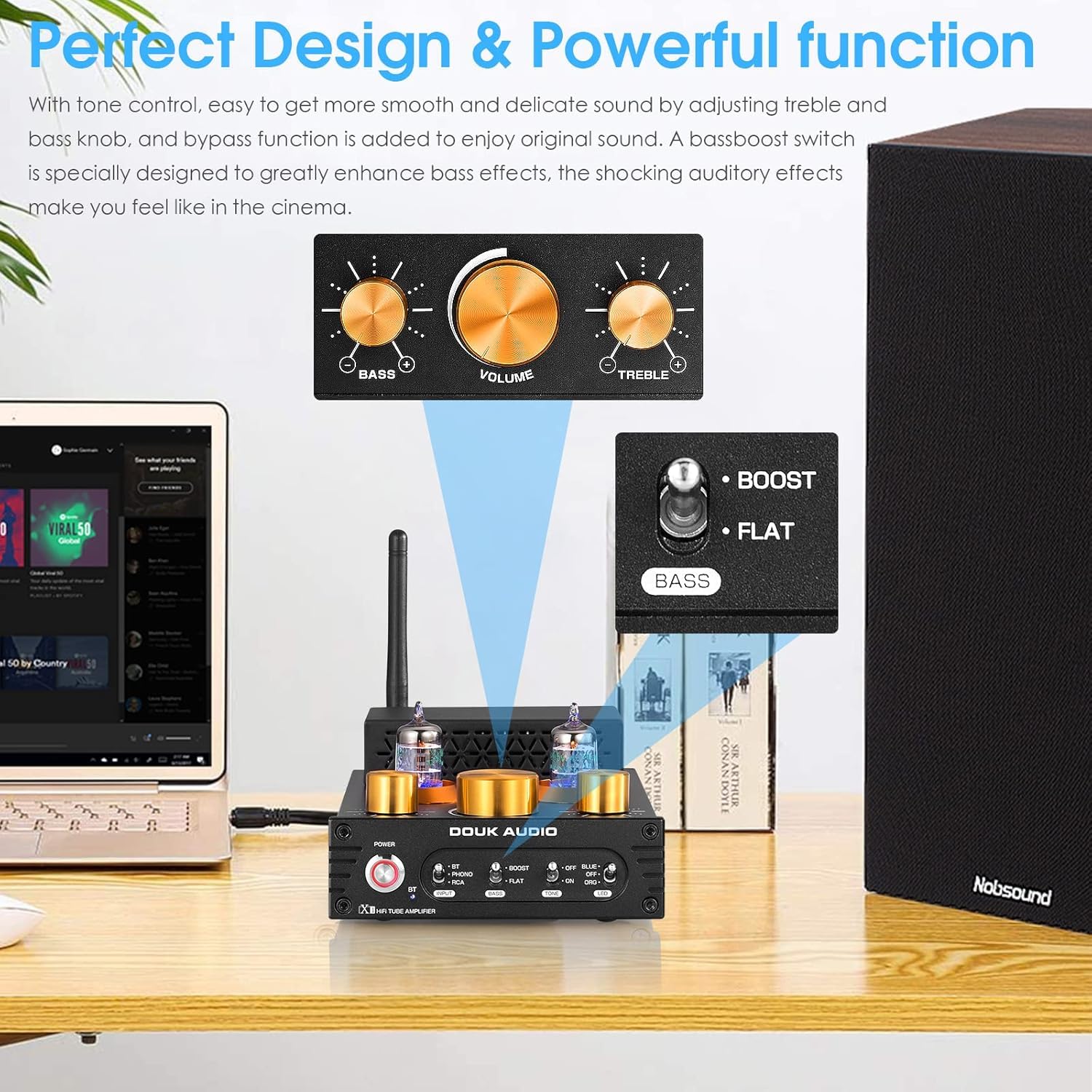 Douk Audio X1 amplificatore a valvole, amplificatore HiFi Bluetooth 5.0, amplificatore audio stereo a valvole GE5654, amplificatore phono MM, 160Wx2 chip TDA7498E, manopola di controllo acuti e bassi