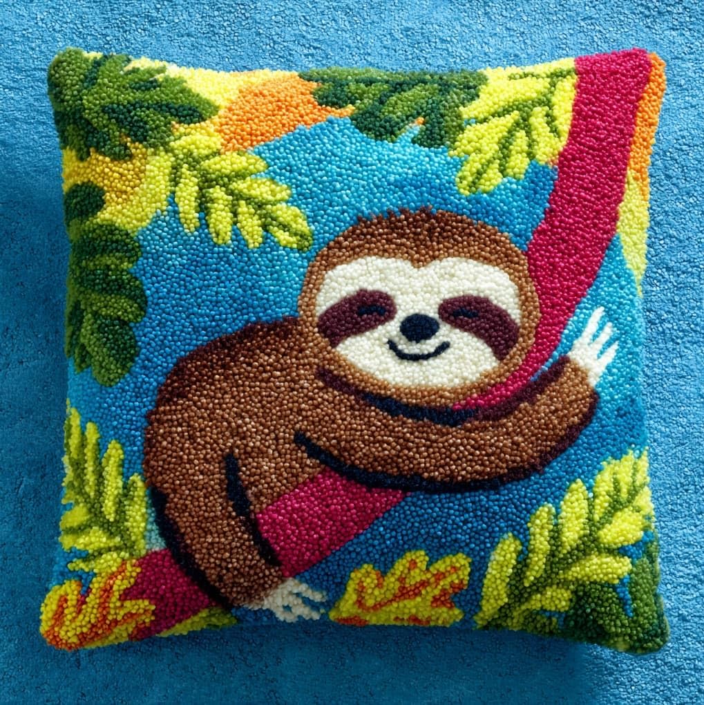 Wallustrioaw Latch Hook Cushion Cover Kit,Sloth,Pillow Case Rug Cover Kids Beginner Diy Needlework Embroidery Kits Handmade Set,17X17in