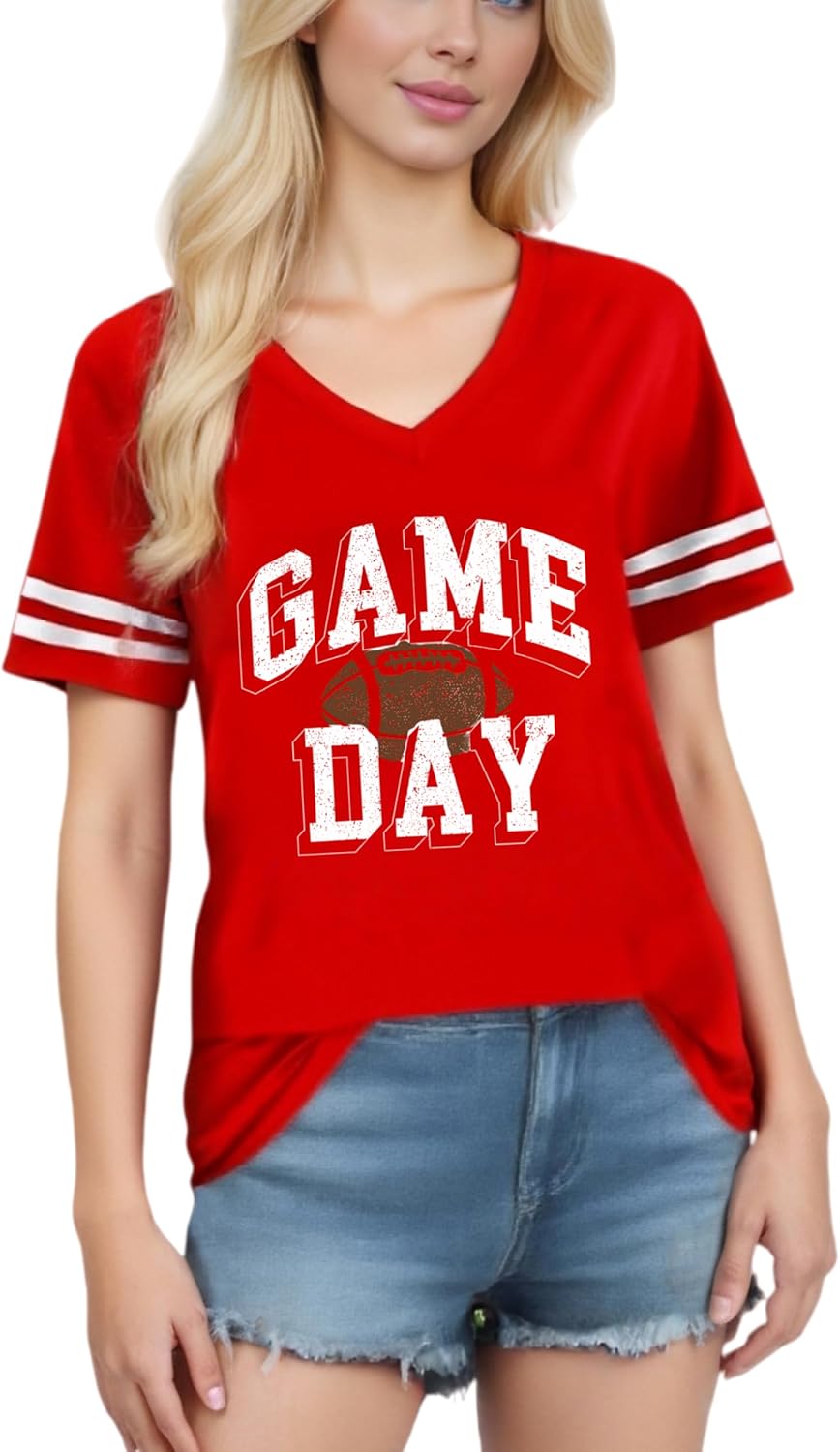 Football Shirt for Women Game Day Shirt Sunday Funday Tshirt Sport Mom Casual Football Season V Neck Short Sleeve Tops