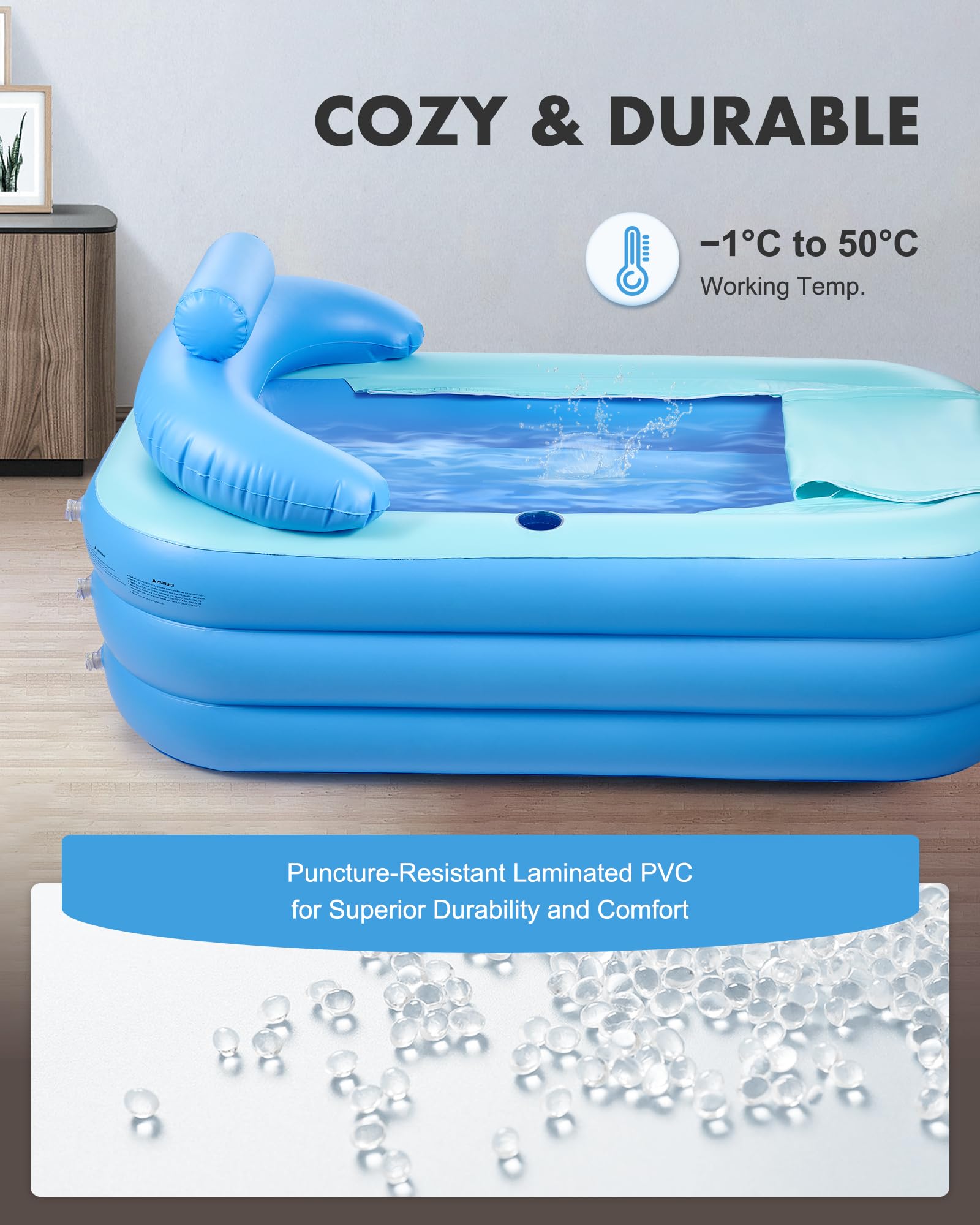 CO-Z Baignoire Gonflable Pliable Portable pour Adultes en PVC, 160x84cm Capacité 220kg, avec Couvercle Détachable Porte-Gobelet Pompe à Pied