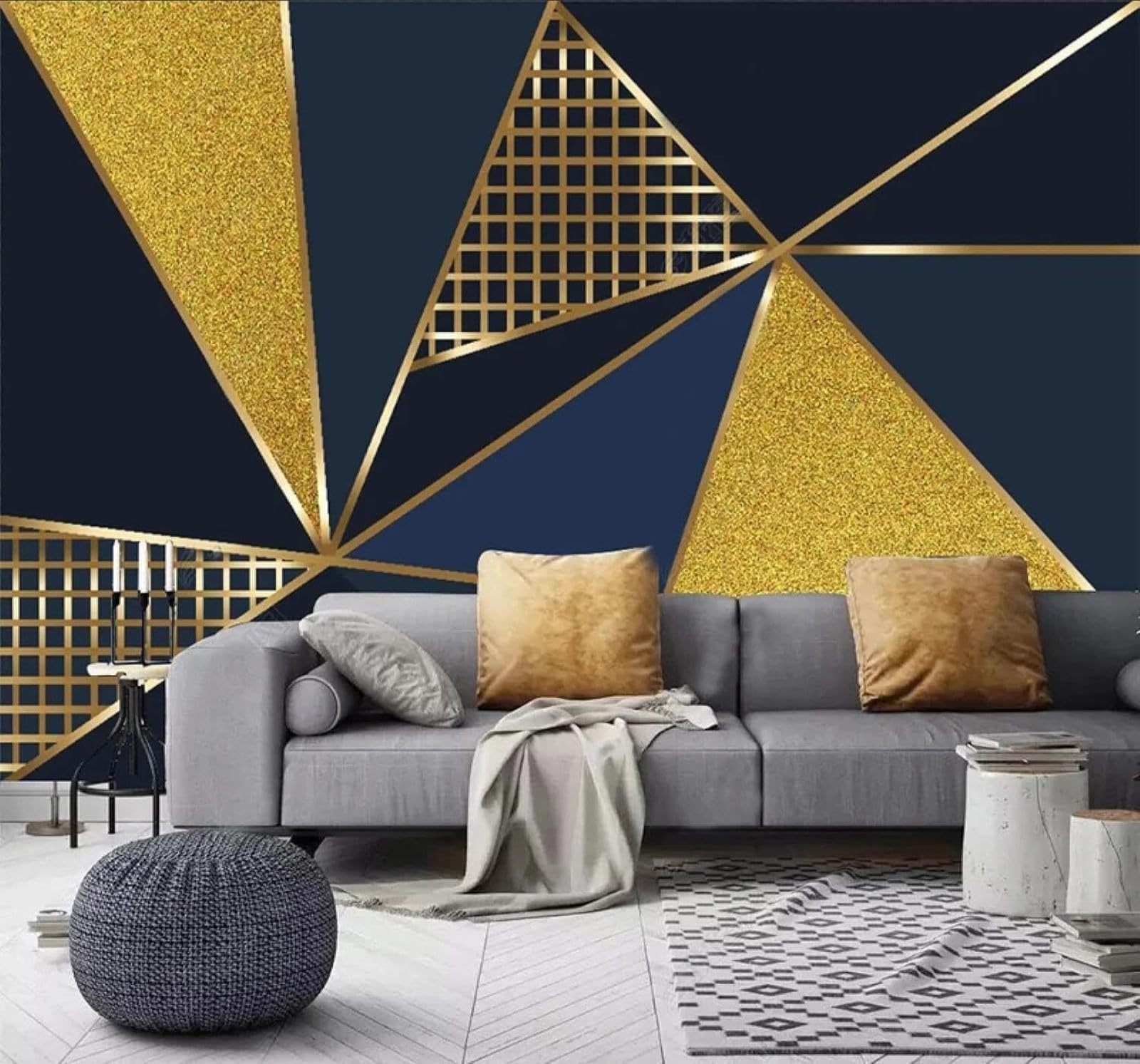 XLMING Creative Vintage Gold Thread Gilded Geometric 3D Wallpaper Luxury Silk Study Dining Feature Sofa Grey Bedroom Living Room Tv Decorative Wall-250cm×170cm