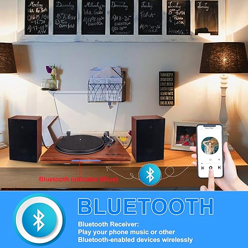 Miniatura 10 de HONGUT Tocadiscos tocadiscos Bluetooth para discos de vinilo con altavoces estéreo tocadiscos retro preamplificador de fono integrado contrapeso