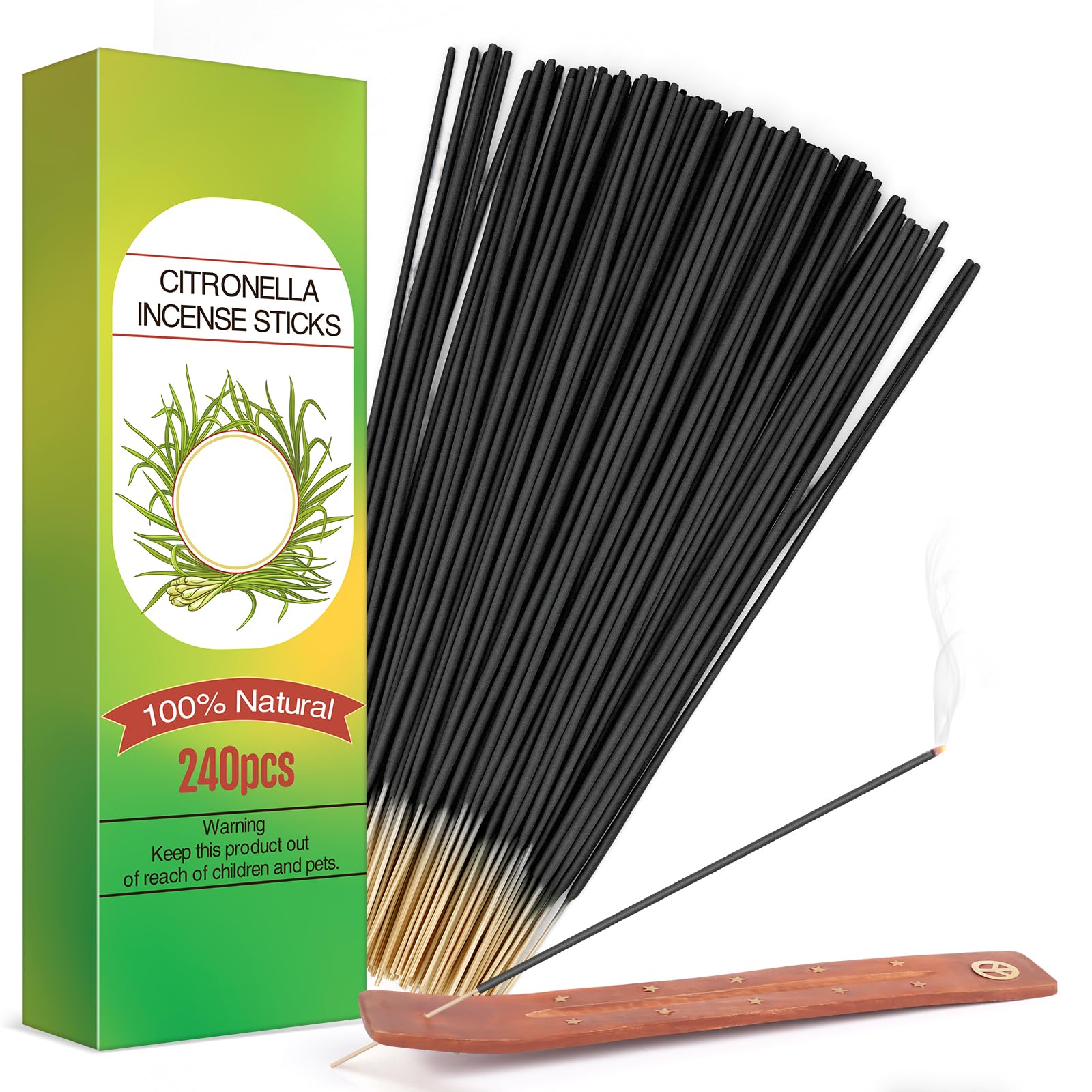 240 Pezzi Incenso Citronella, 200 ore di autonomia Incensi Bastoncini Naturali con porta incenso, Bastoncini di Incenso alla Citronella per Giardino, Barbecue, Campeggio, Picnic