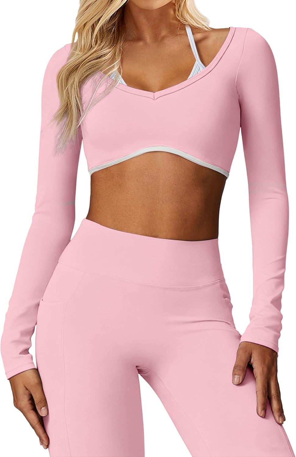 Women's Workout Crop Tops Halter Long Sleeve Backless Padded Sports Bra Gym Yoga Top T Shirts