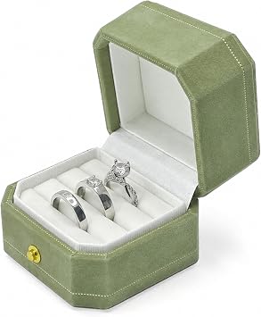 Velvet Ring Box - Octagon Engagement Ring Box with Hinged Lid for Proposal Engagement Wedding, Proposal Ring Case Jewelry Box with Gold Lace PRB003-Green