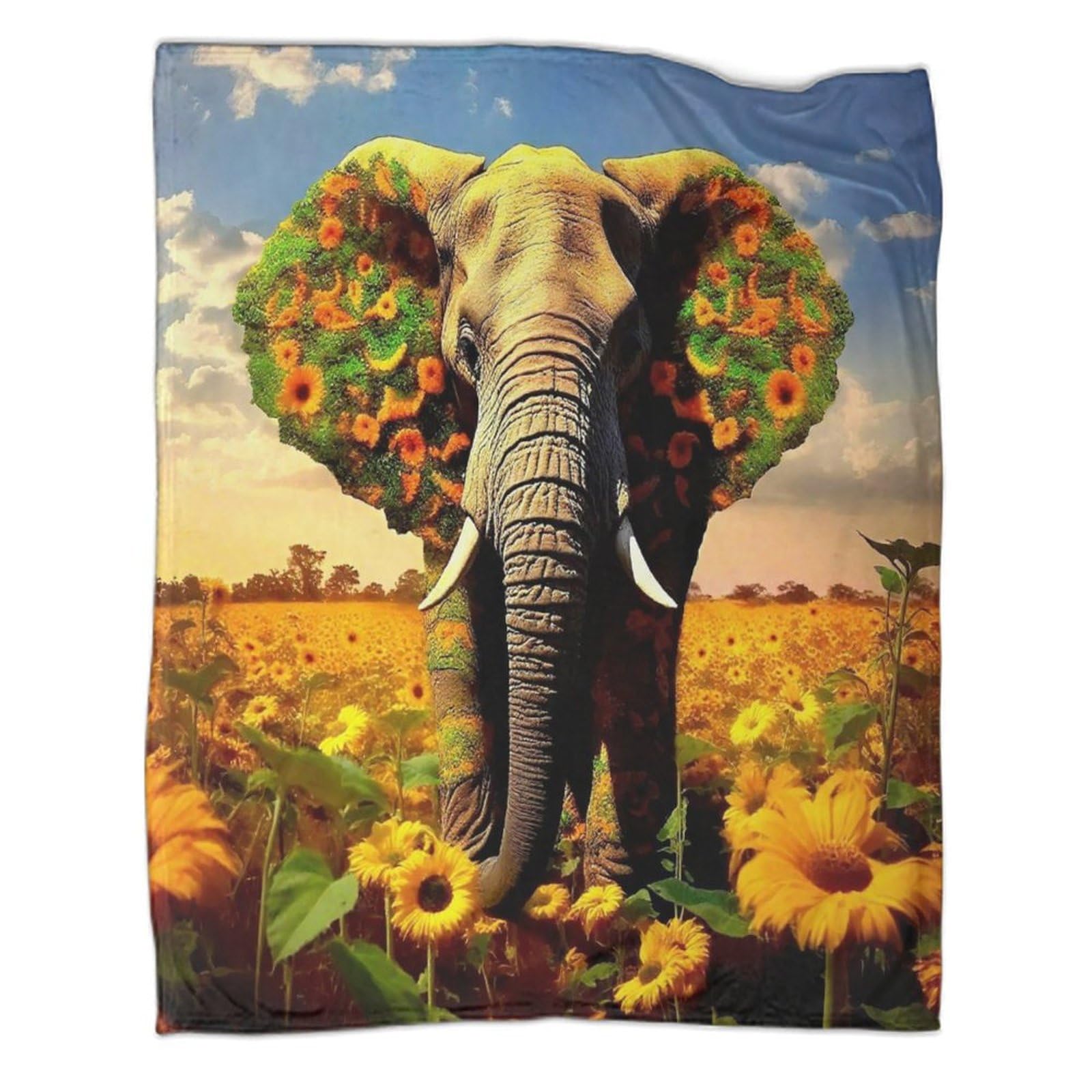 Couverture flanelle 3D éléphant et fleur 150x200cm pour adulte et enfant