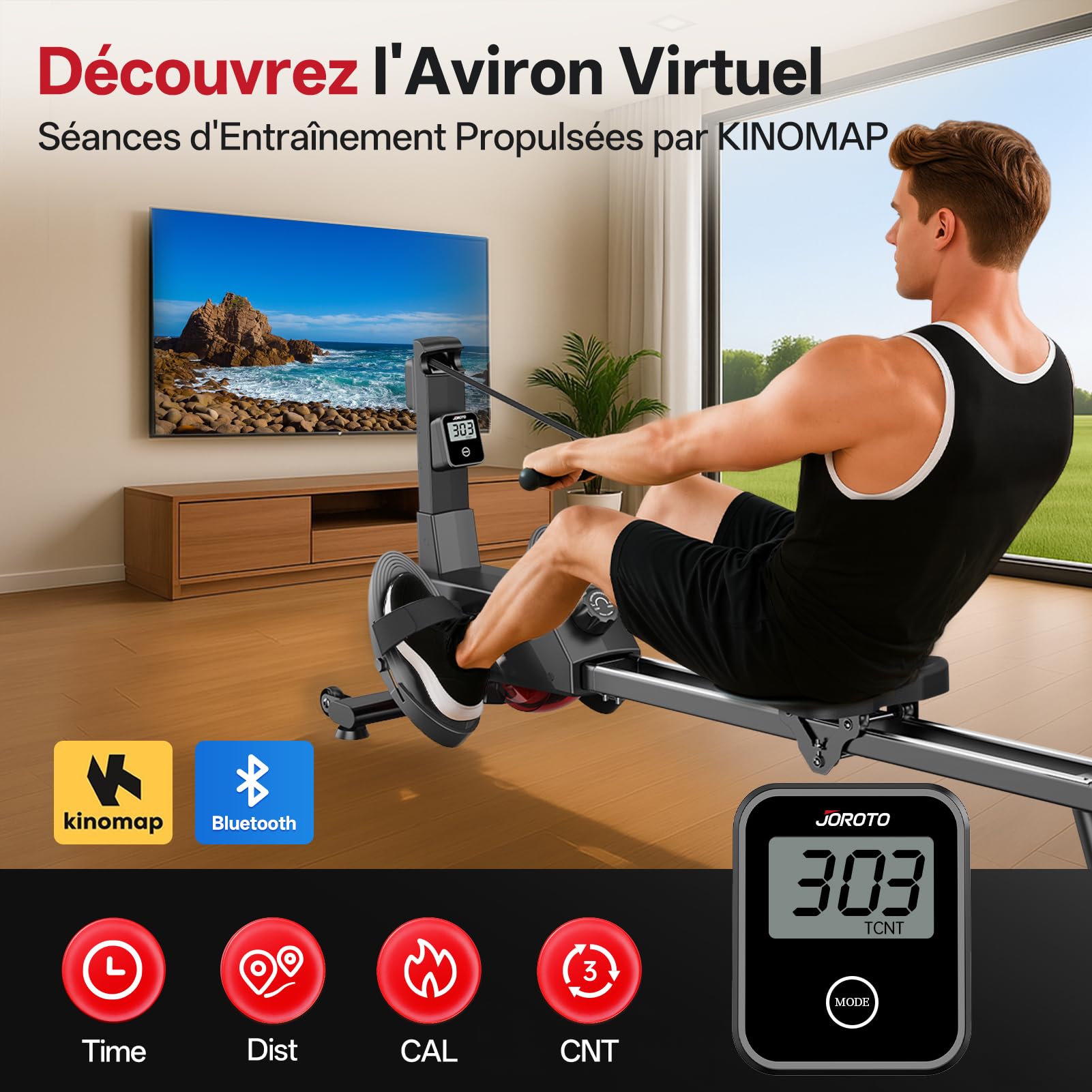 JOROTO Rameur pour la Maison, 16 Niveaux de Résistance, Rameur Magnétique Ultra-Silencieux avec App Kinomap, Double Rail pour Stabilité et Fluidité, Compact et Facile à Assembler - Fitness à Domicile