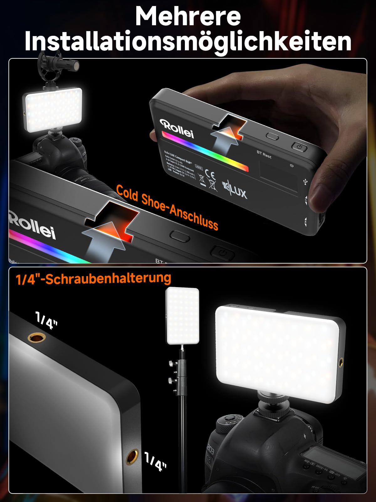 Rollei LUX Compact RGB Kamera Licht, Led Dauerlicht mit 360 Farben und 13 Lichteffekten, Kompackte LED Fotolicht 125g 98 CRI/TLCI mit Integrierter Akku, Fotolicht-Dauerlicht-Fotografie-Kamera-Licht