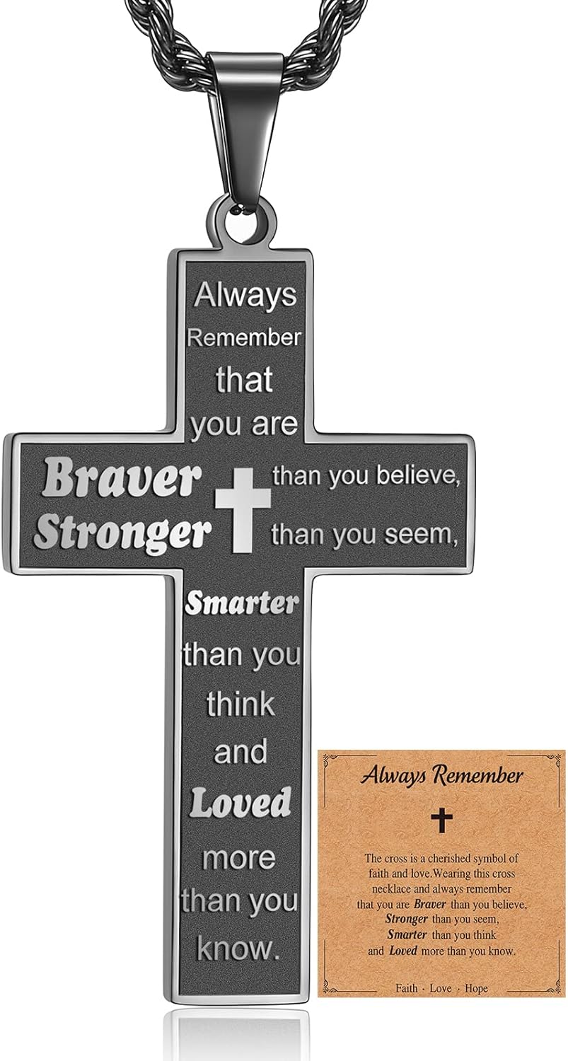 Bible Verse Cross Necklace for Men, Pendant Rope Chain for Baptism, Confirmation, First Holy Communion, Christening - Christian Gift for Father's Day