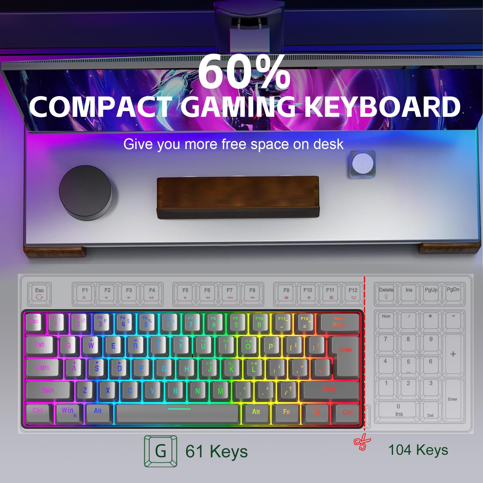 Snpurdiri 60% Wired Gaming Keyboard, RGB Ultra-Compact 61 Keys (Iron Grey) view 5